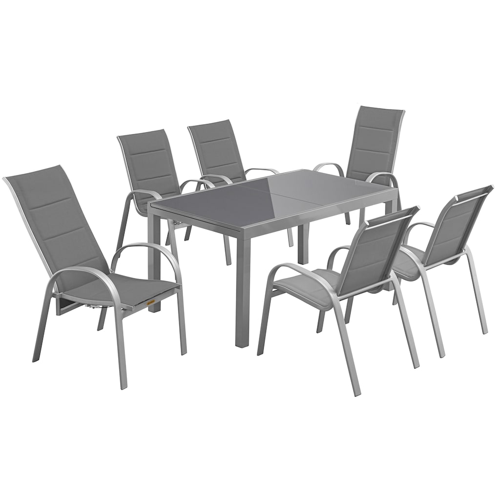 MERXX Garten-Essgruppe »Amalfi Deluxe«, (7 tlg., 6x Stapelsessel (2x verstellbar), 1x Ausziehtisch 150(220)x90 cm)