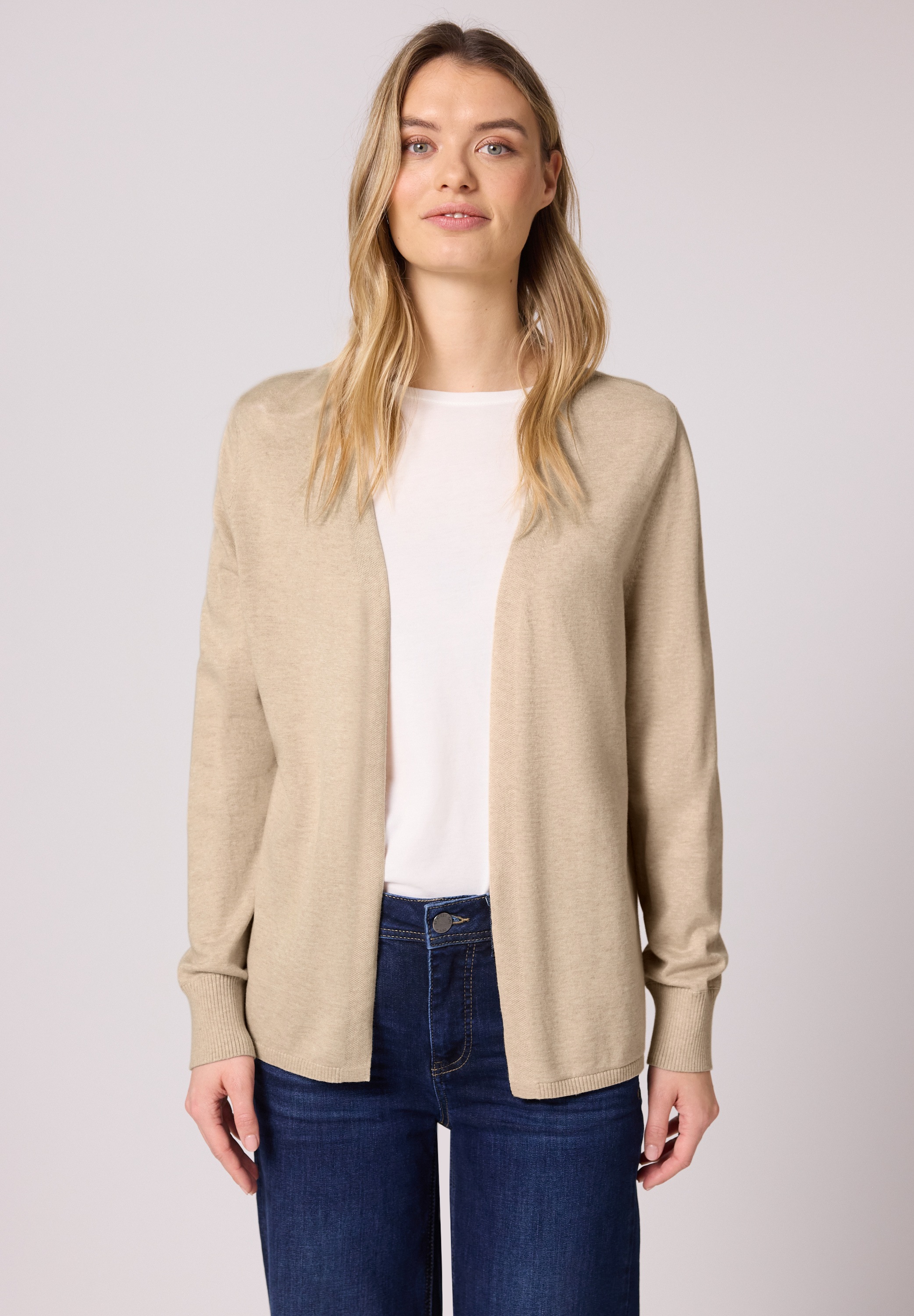 Cardigan STREET ONE, Damen, Gr. 36, cotton beige meliert, Stoff, 60% Viskose, 40% Baumwolle, unifarben, comfort fit normal, V-Ausschnitt, Bündchen, Strickjacken, mit Strick-Detail