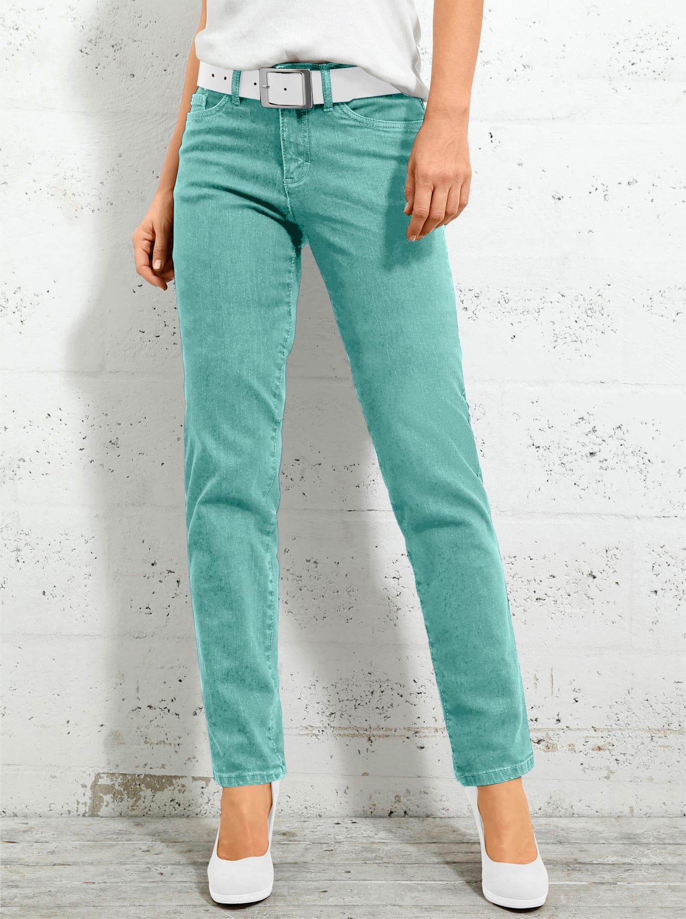5-Pocket-Jeans INSPIRATIONEN, Damen, Gr. 23, Kurzgrößen, blau (aqua), 98% Baumwolle, 2% Elasthan, unifarben, lang, Jeans 5-Pocket-Jeans, Topseller