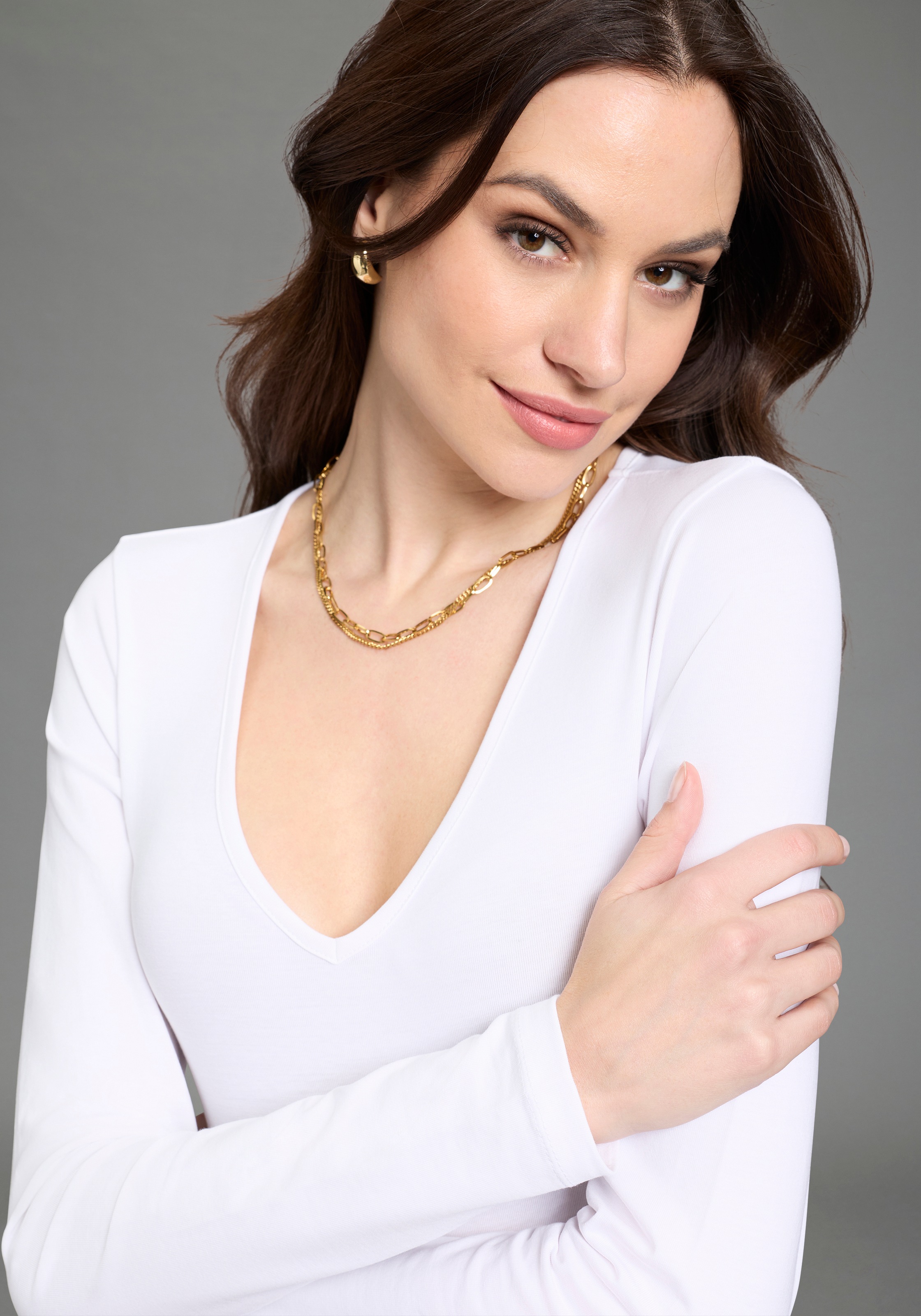 Thumbnail - Laura Scott Langarmbody V-Ausschnitt, figurbetonte Passform, Basic Design