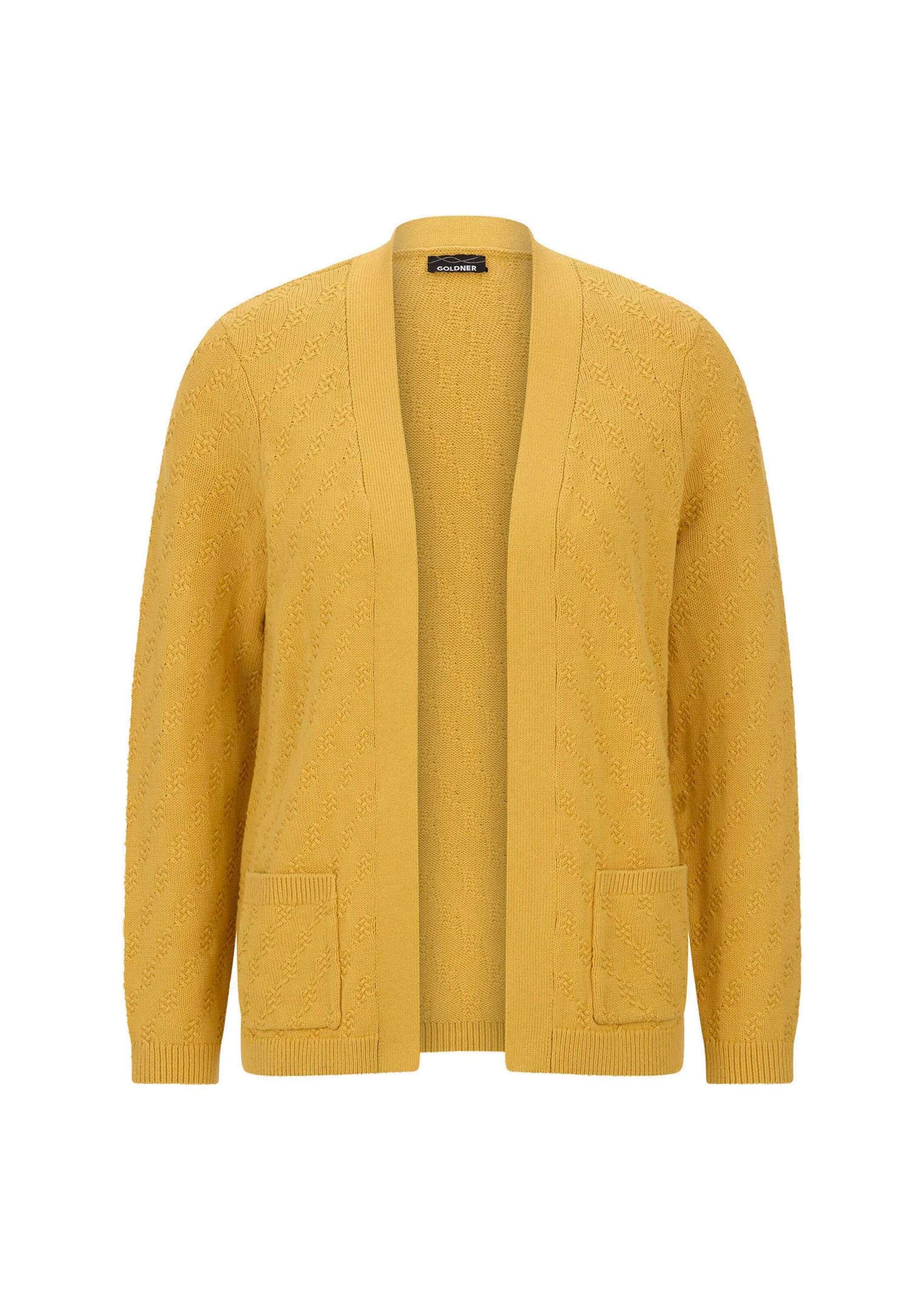 GOLDNER Strickjacke "Kurzgröße Baumwoll-Cardigan ohne Verschluss" aufgesetzte Taschen