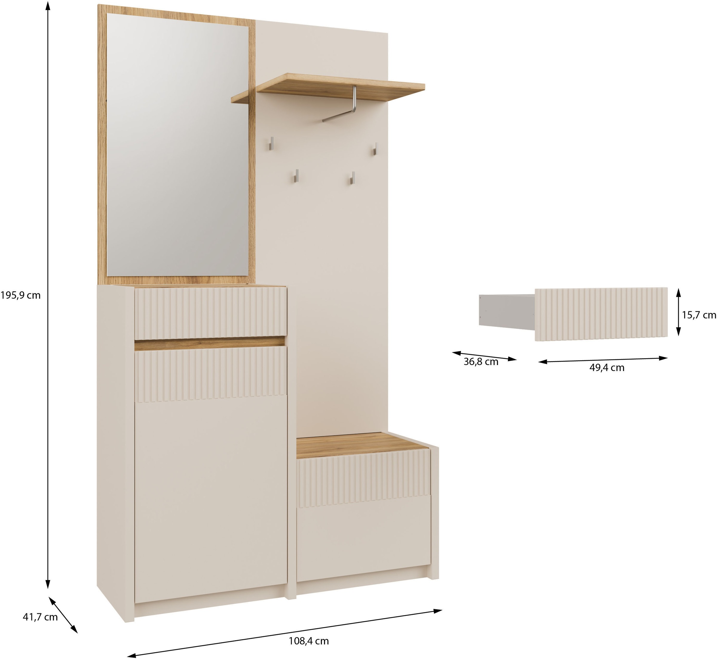 FORTE Kompaktgarderobe, B/H/T 108,4 /195,9/41,7 cm Spiegel, Haken, Kleiderstange