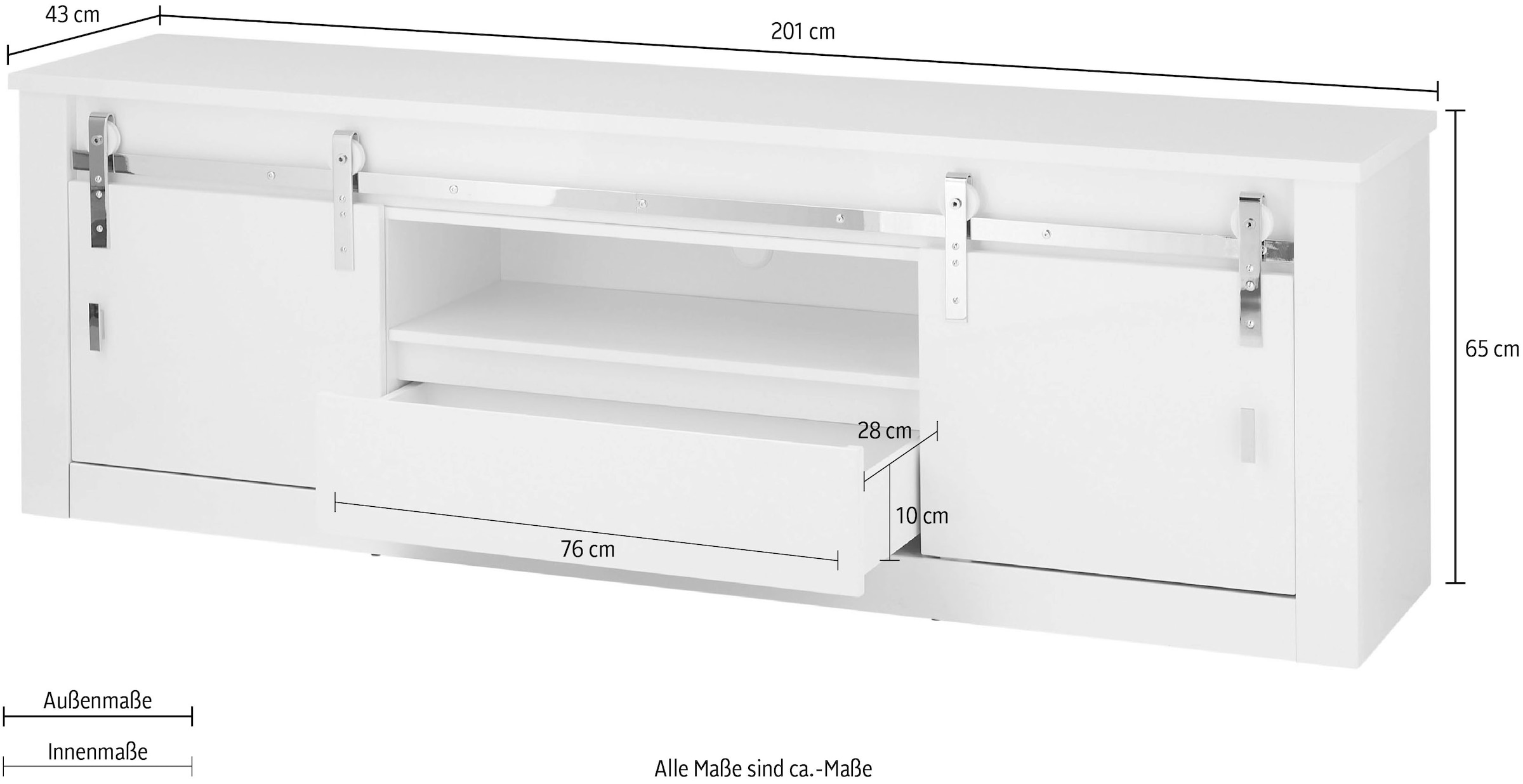 Home affaire Lowboard »Daytona, moderner TV-Unterschrank, Kommode in Weiß Hochglanz« mit Schiebetürenbeschlag in Chrom-Optik, ausreichend Stauraum