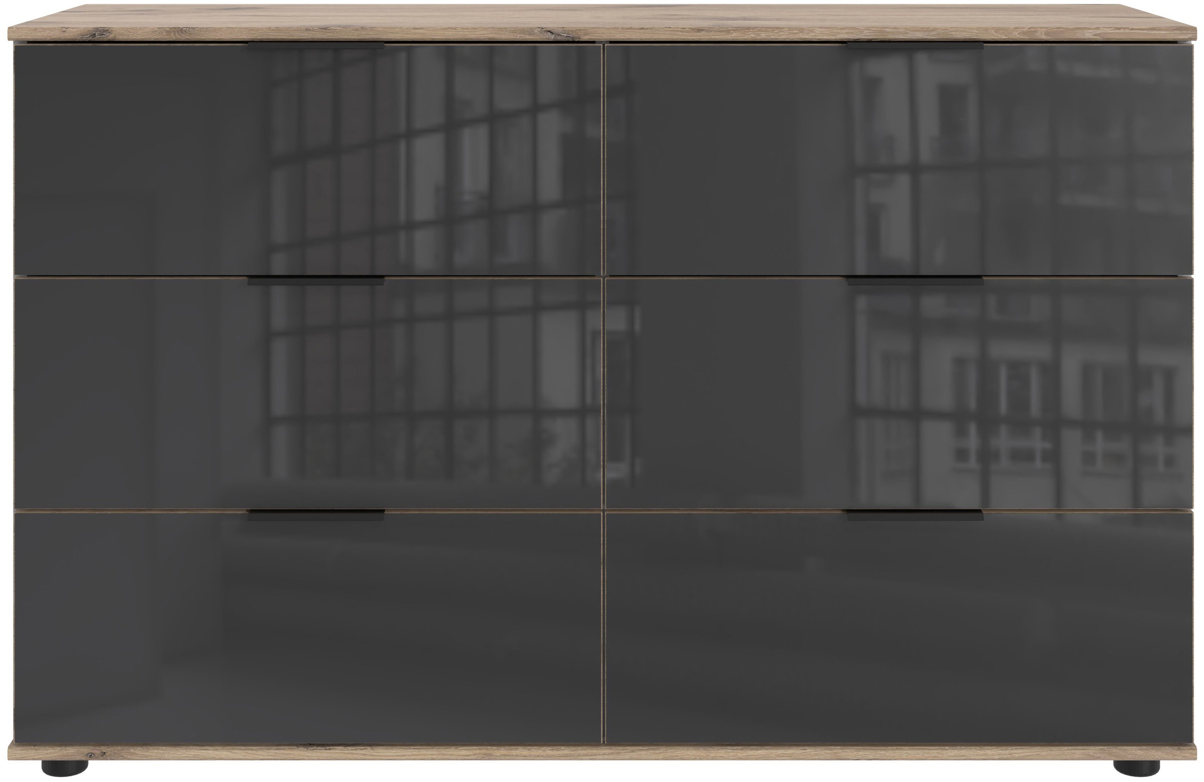 Wimex Schubkastenkommode »Leonberg, Sideboard mit 6 Schubladen«, mit Glasfront, B/T/H 130/41/83cm, schwarze Metallgriffe