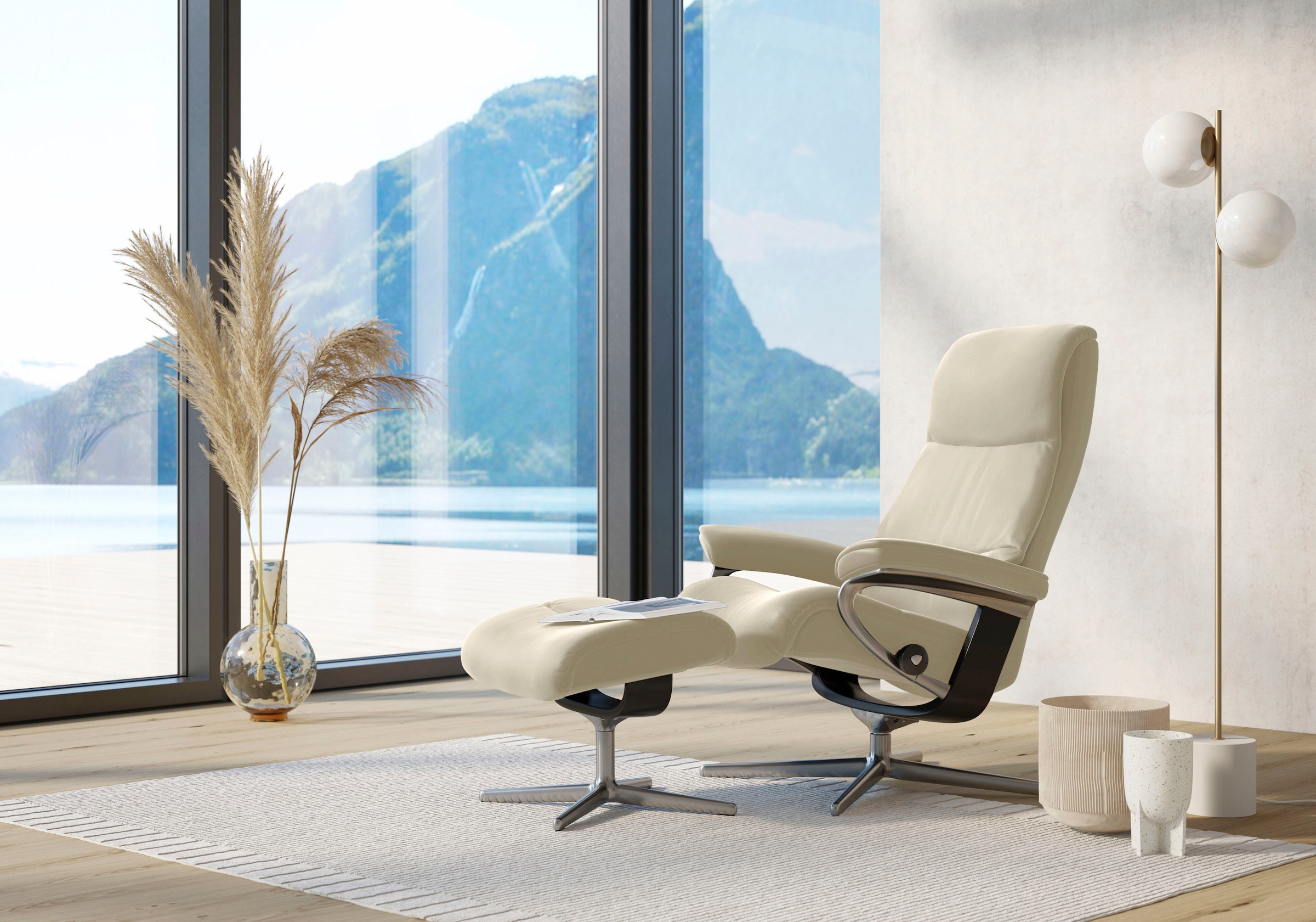 Stressless Relaxsessel "View" Set, Relaxsessel mit Hocker, mit Hocker, mit Cross Base, Größe S, M & L, Holzakzent Schwarz
