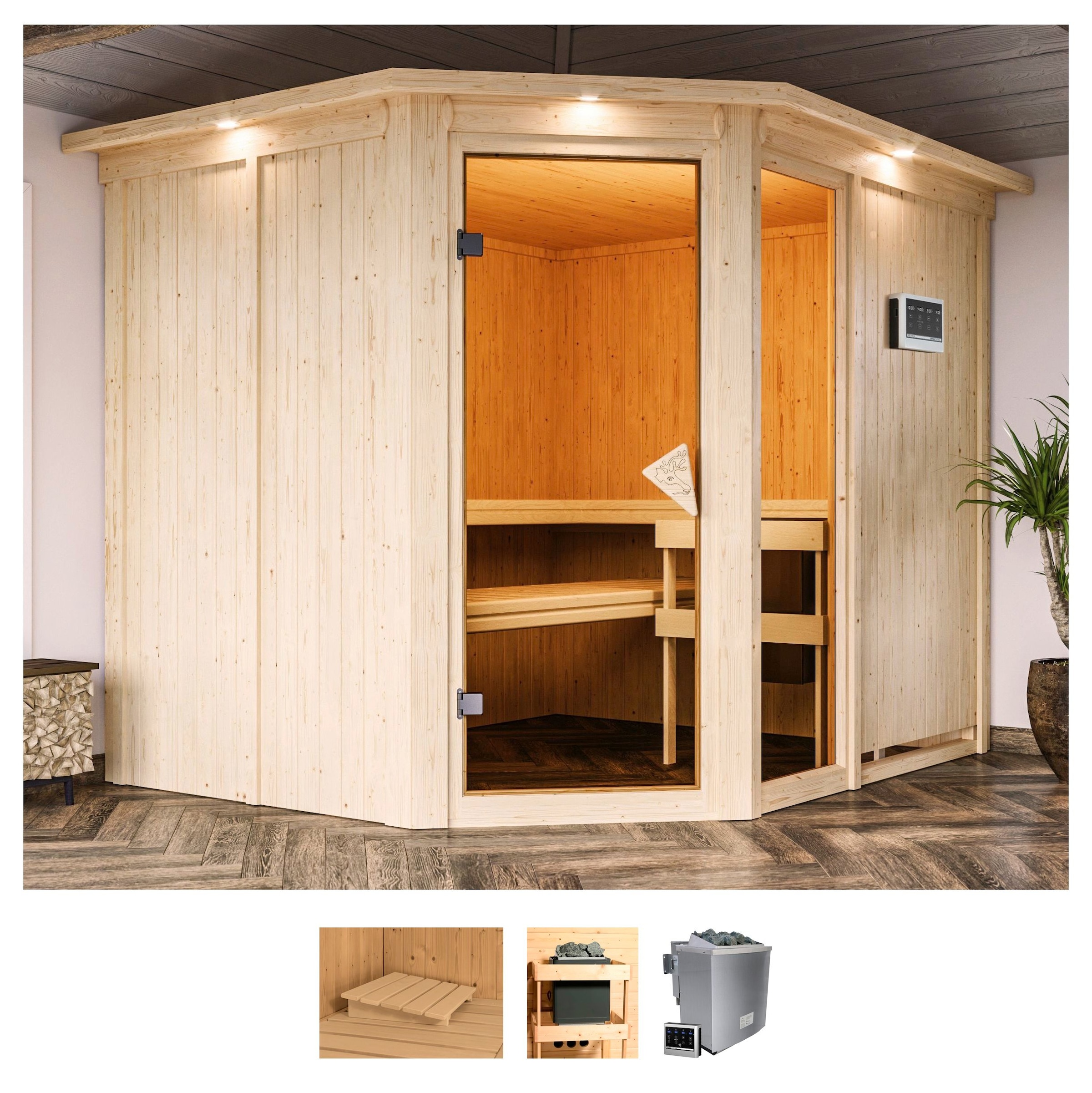 Karibu Sauna "Frigga 3" Set, Ofen 9 kW Bio externe Strg easy