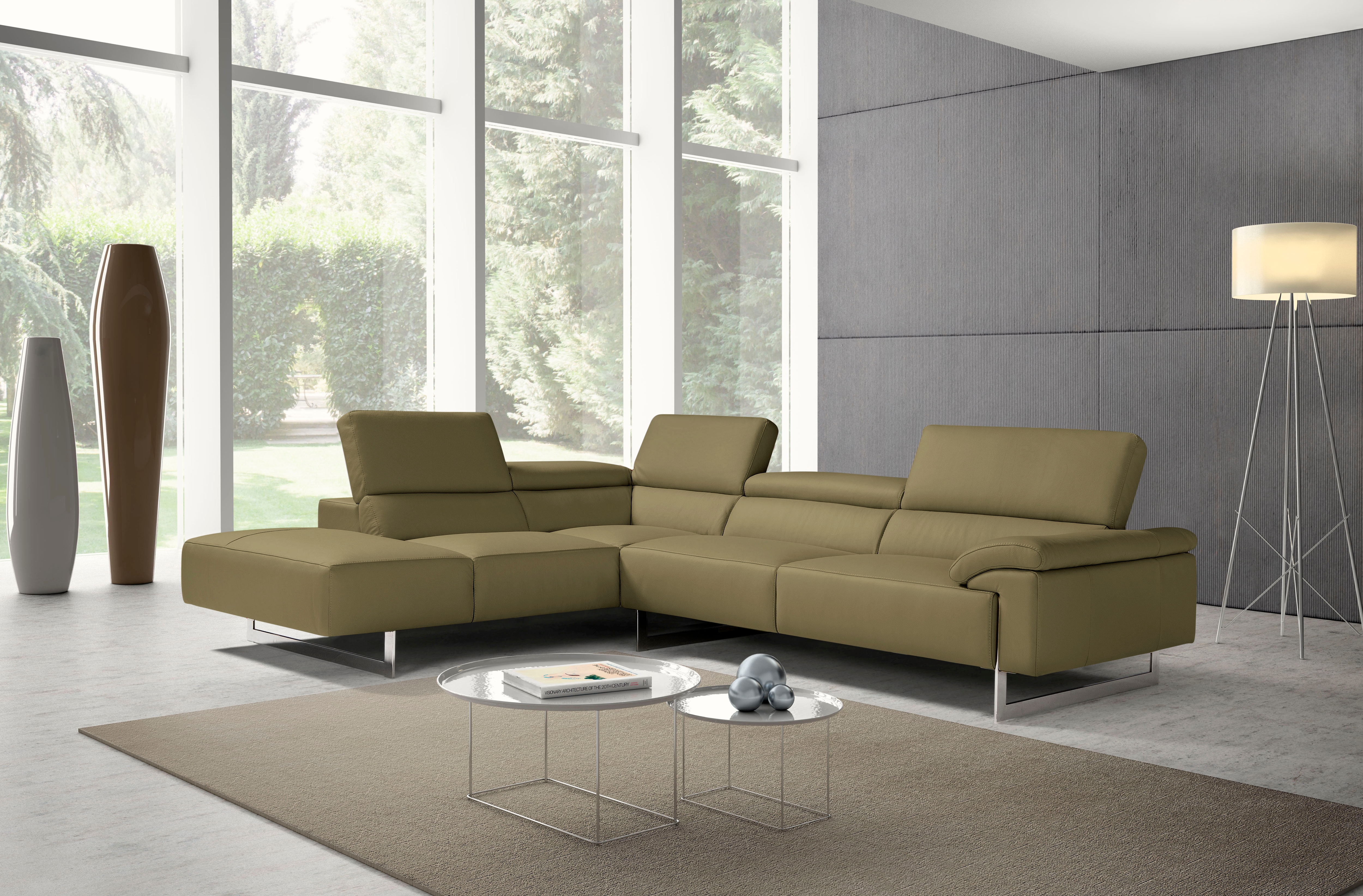 Egoitaliano Ecksofa "Malika, elegant und bequem, Designsofa, L-Form" mit Ottomane, inkl. Kopfteilverstellung und chromfarbenen Metallfüßen