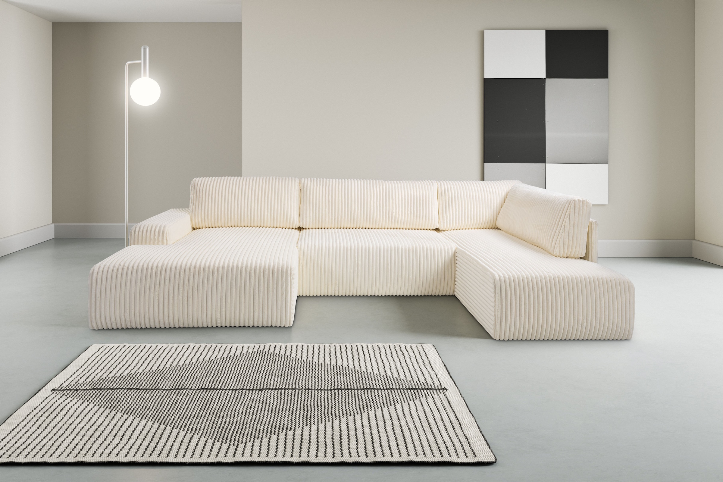 WERK2 Wohnlandschaft "Rotterdam 325 x 190 cm modern und bequem" Breitcord, U-Form, XXL, Schlaffunktion, Bettkasten