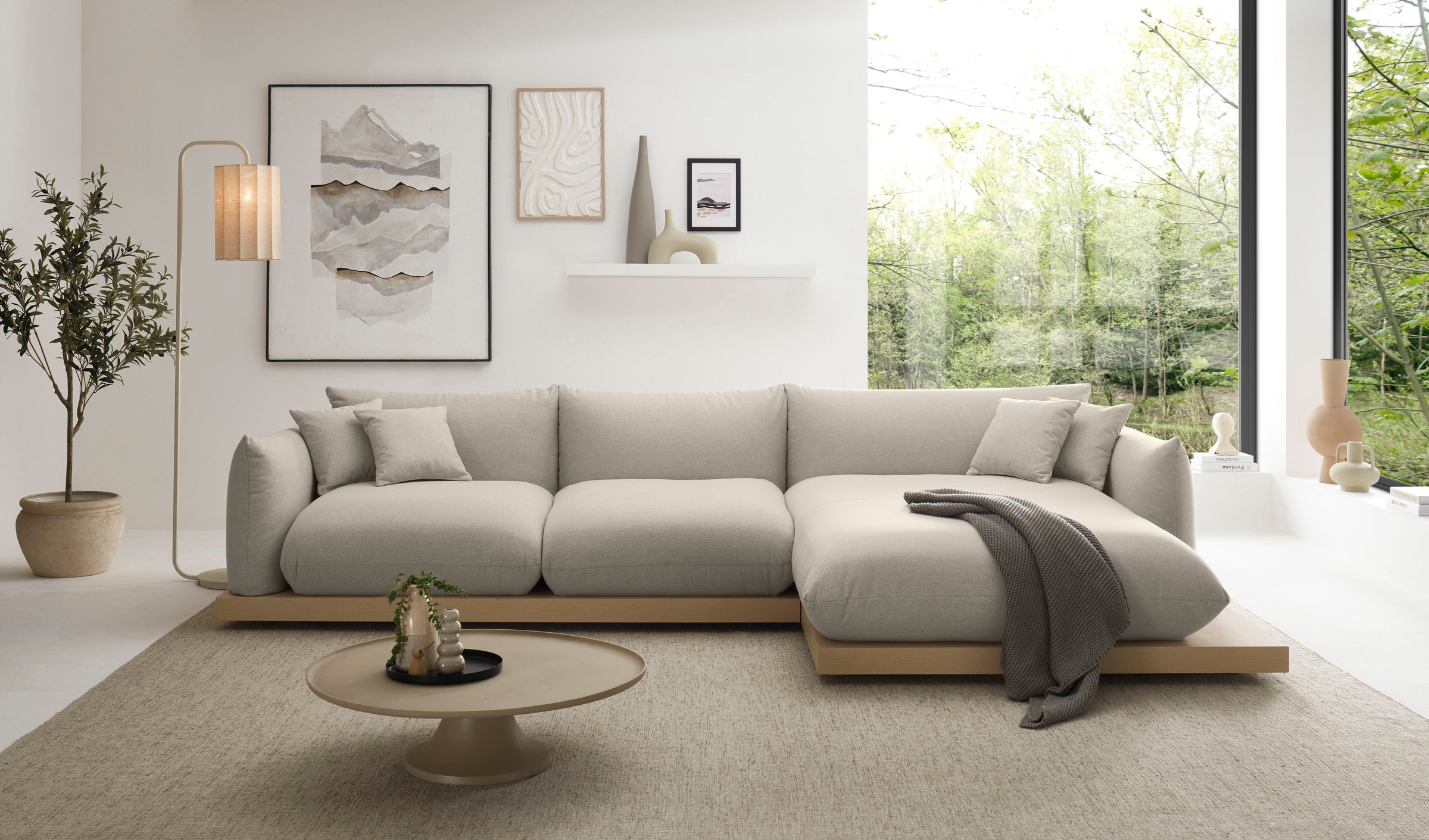 OTTO home Ecksofa »Kalix, Polsterecke mit kräftigem Holz-Plateau, moderne Couch in L-Form«, wahlweise Recamiere links o. rechts, Strukturstoff, hoher Sitzkomfort