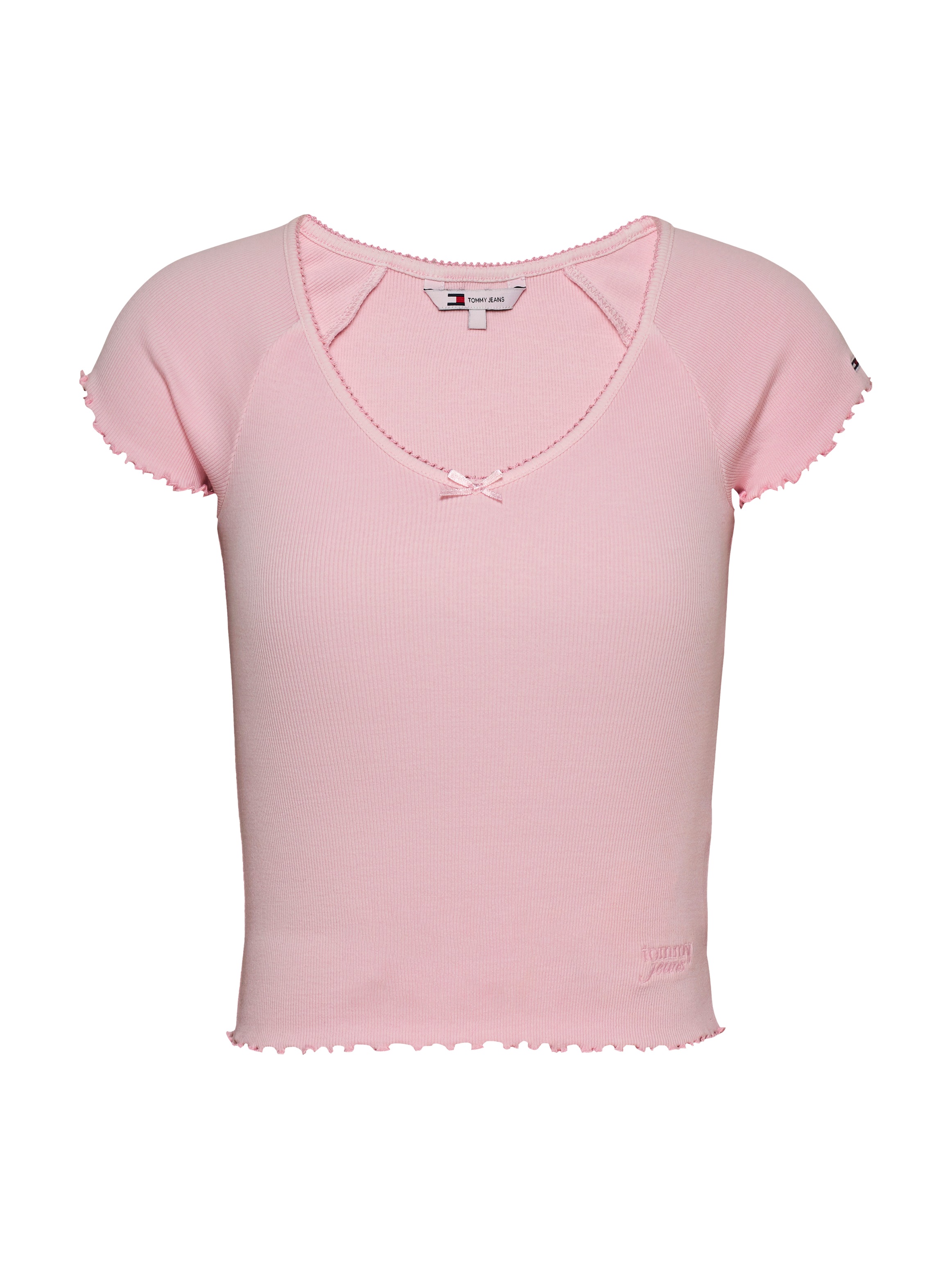 Kurzarmshirt TOMMY JEANS "TJW SLIM VNECK GMD RIB SS", Damen, Gr. S (36), rosa (precious pink), Rippware, Obermaterial: 95% Baumwolle, 5% Elasthan, unifarben, figurbetont kurz, V-Ausschnitt, Raglanärmel Rollkante, Shirts, mit Rollkanten, im femininen Stil 4