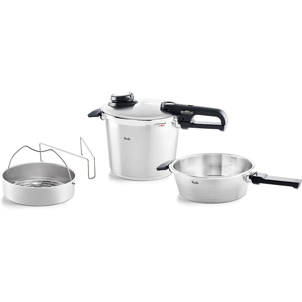 Fissler premium Schnellkochtopf »vitavit®, Edelstahl 18/10, (Set 4-tlg.), Abnehmbarer Griff, Verriegelungsanzeige, Einstellbares Abdampfen, Kondensat-plus Funktion, Einstellbare Kochstufen