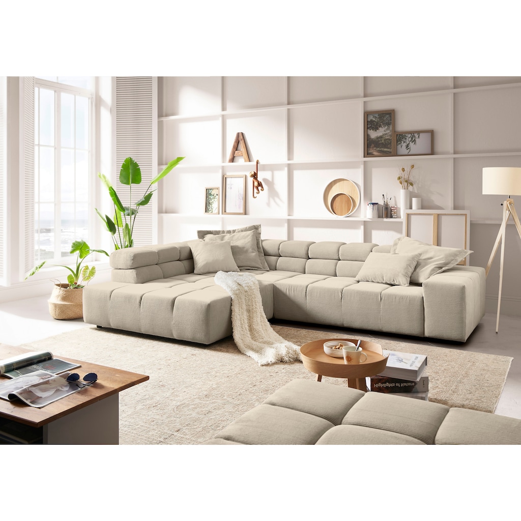 INOSIGN Ecksofa »Ancona incl. Kopfteilverstellung, Zierkissen Breite 319cm, L-Form«, wahlweise motorische Sitztiefenverstellung, auch in Cord + Easy Care