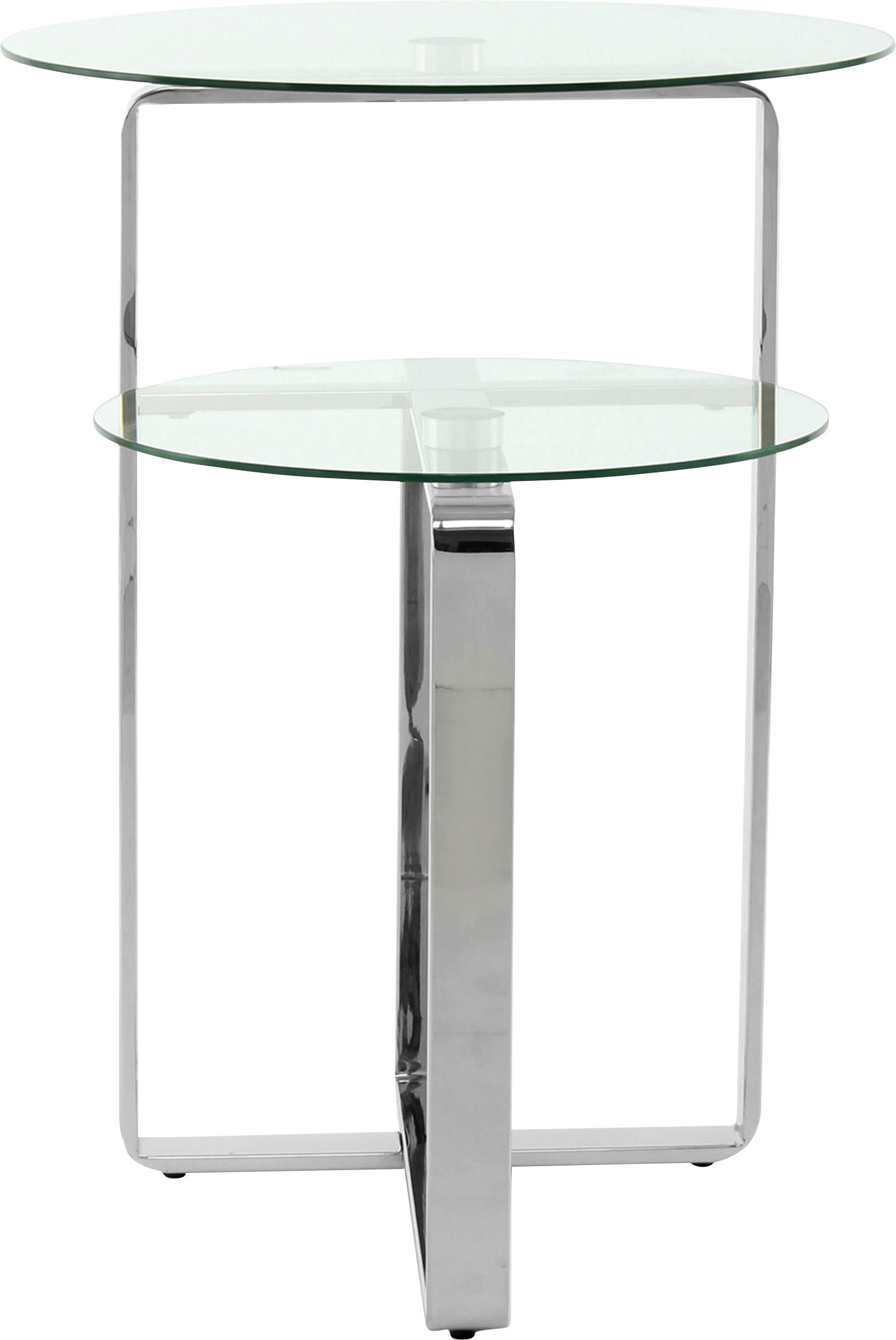 Beistelltisch KAYOOM "Katris, Ausgefallenes Gestell aus stabilem Edelstahl", silber, B:59cm H:60cm T:59cm, Tischplatte: 100% Glas / Gestell: Edelstahl, Tische, Beistelltisch, ausgefallenes Gestelldesign aus Edelstahl, zwei Ablageflächen 3