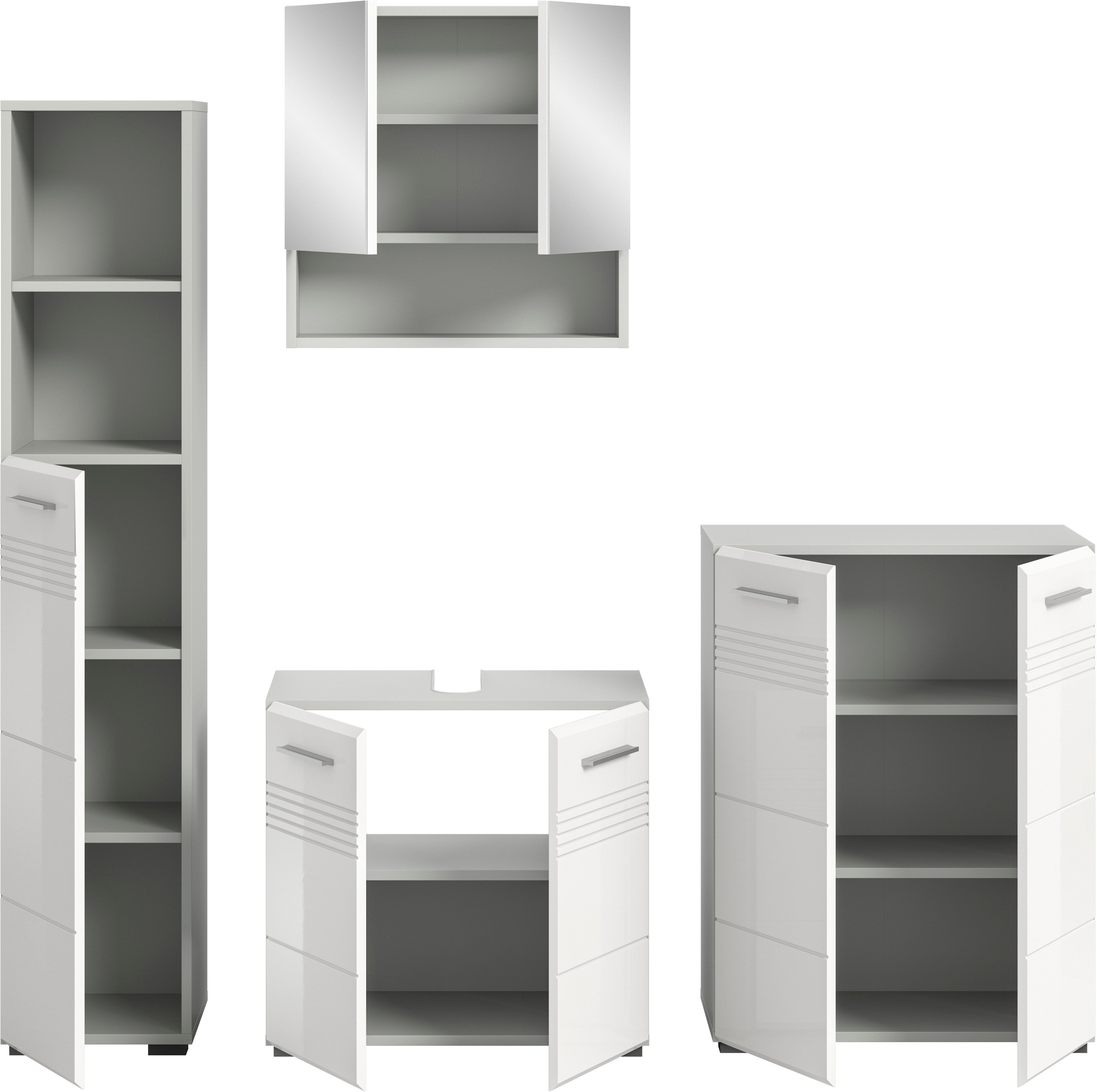welltime Badmöbel-Set »Calicio, bestehend aus: Hochschrank, Waschbeckenunterschrank,«, (4 St.), Spiegelschrank, Midischrank, hochwertige MDF Front mit Rillenfräsung