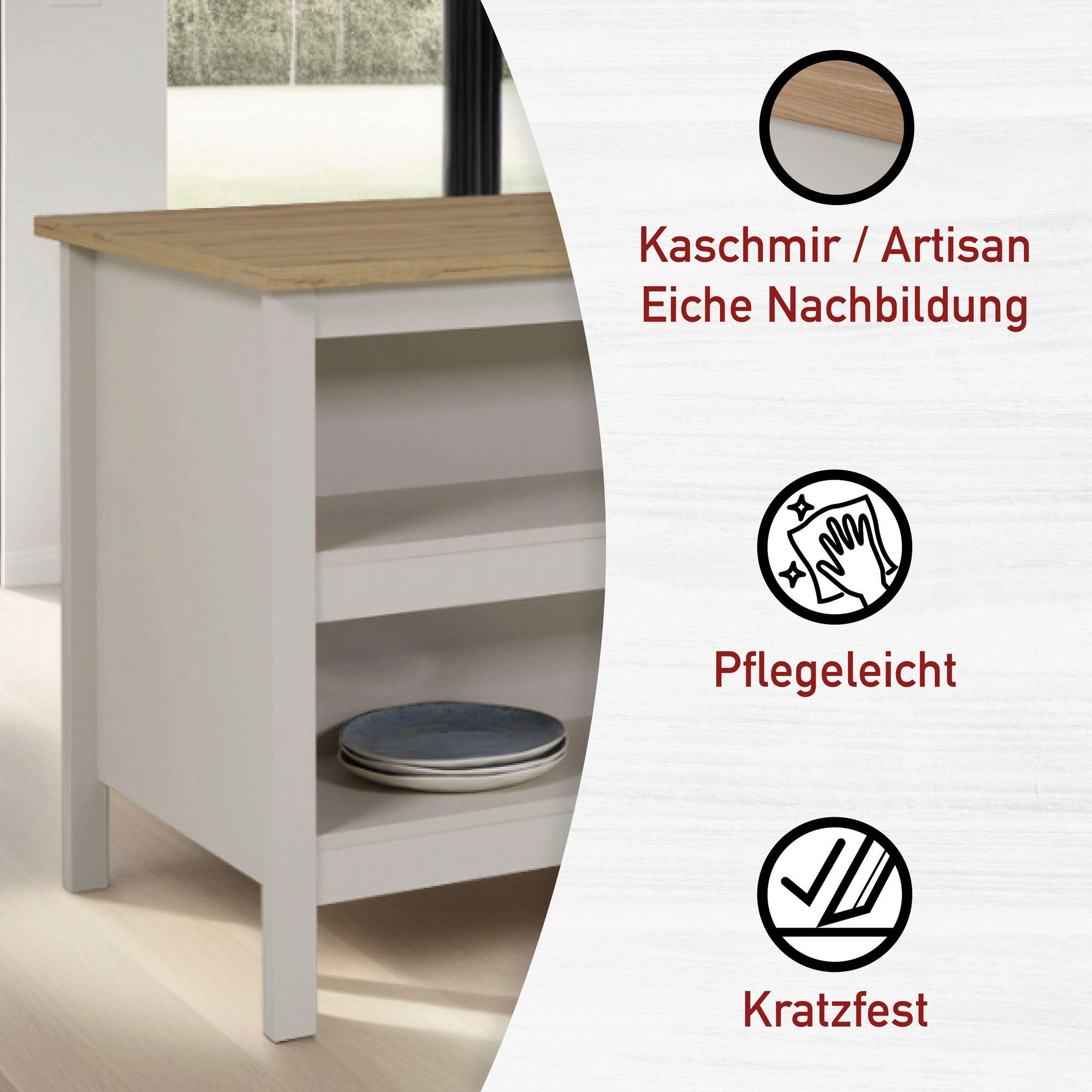Inter Link Bartisch »Pienza, multifunktional für Küche & Essbereich, im Skandi Look« 1 Stk. tlg. Kücheninsel mit Regalböden, Platz für 2 Hocker, Kaschmir, 124x75x91 cm