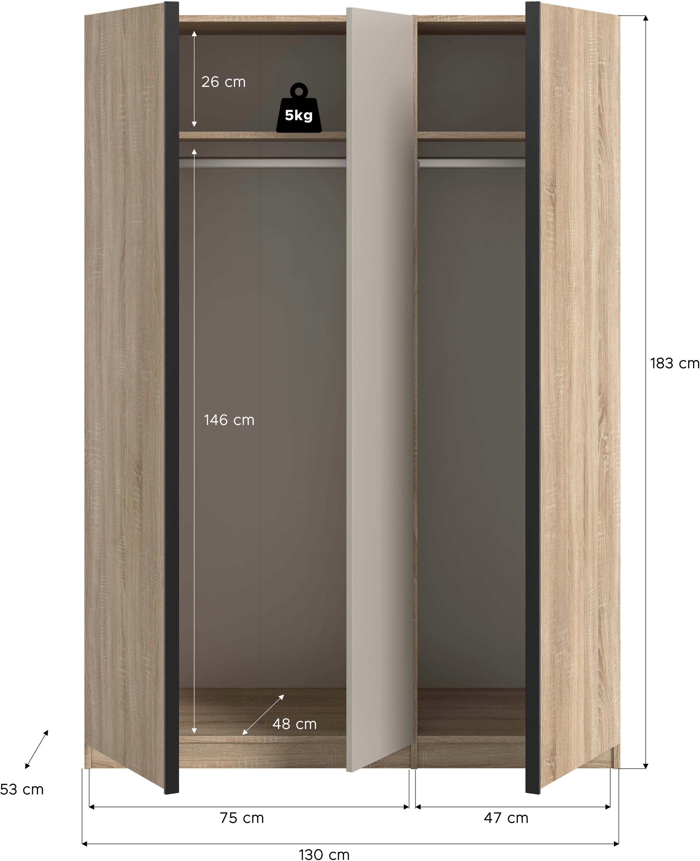 Home affaire Kleiderschrank »BENDINGO, TOPSELLER!, Schlafzimmerschrank, Schrank, Garderobenschrank«, (OTTO BESTSELLER, Garderobe & Schlafzimmer), Breite 130cm, Eiche NB, 3-türig, 2 Kleiderstangen und 2 Ablageböden