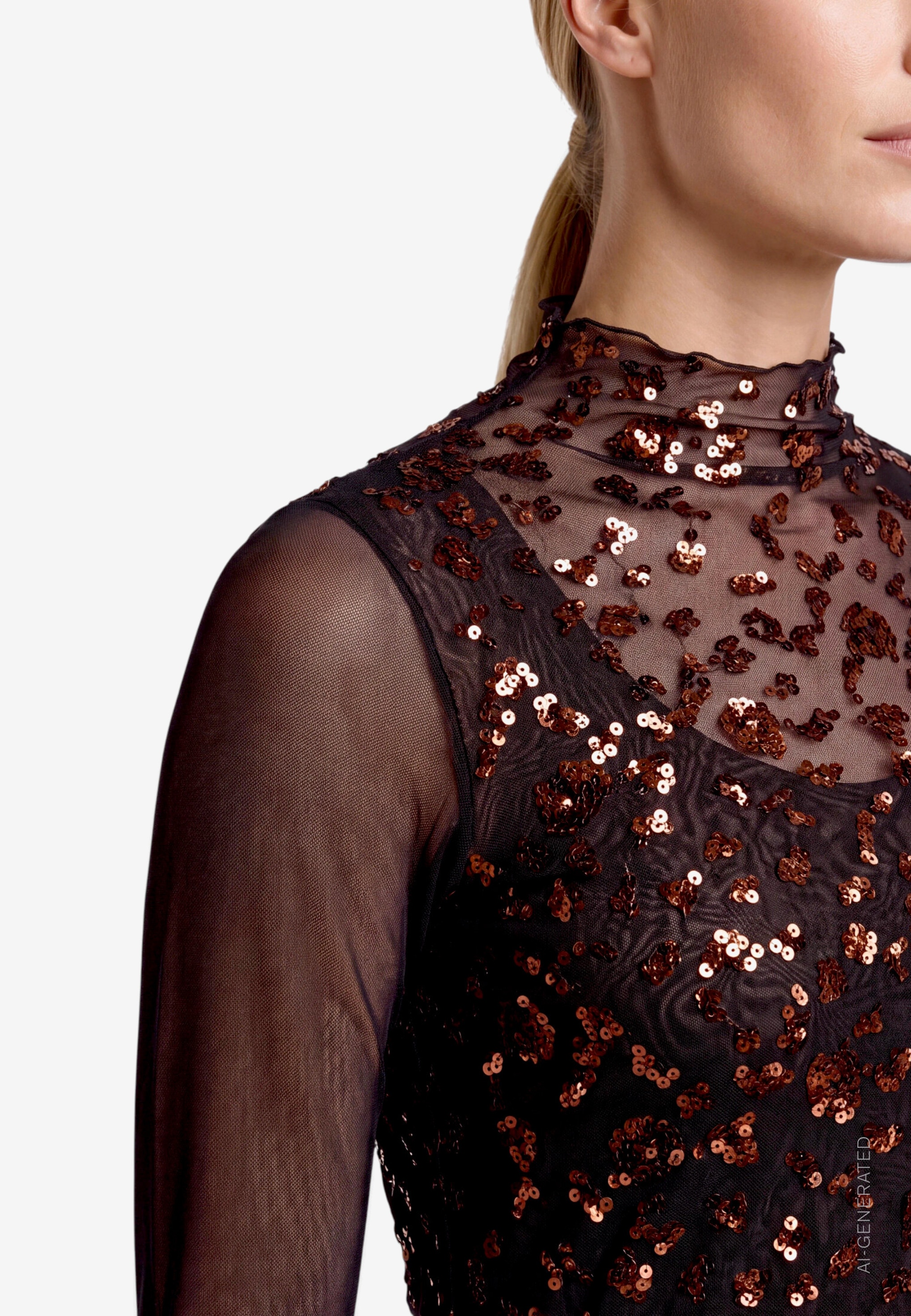Zero Stehkragenshirt in Mesh-Optik, mit Pailletten