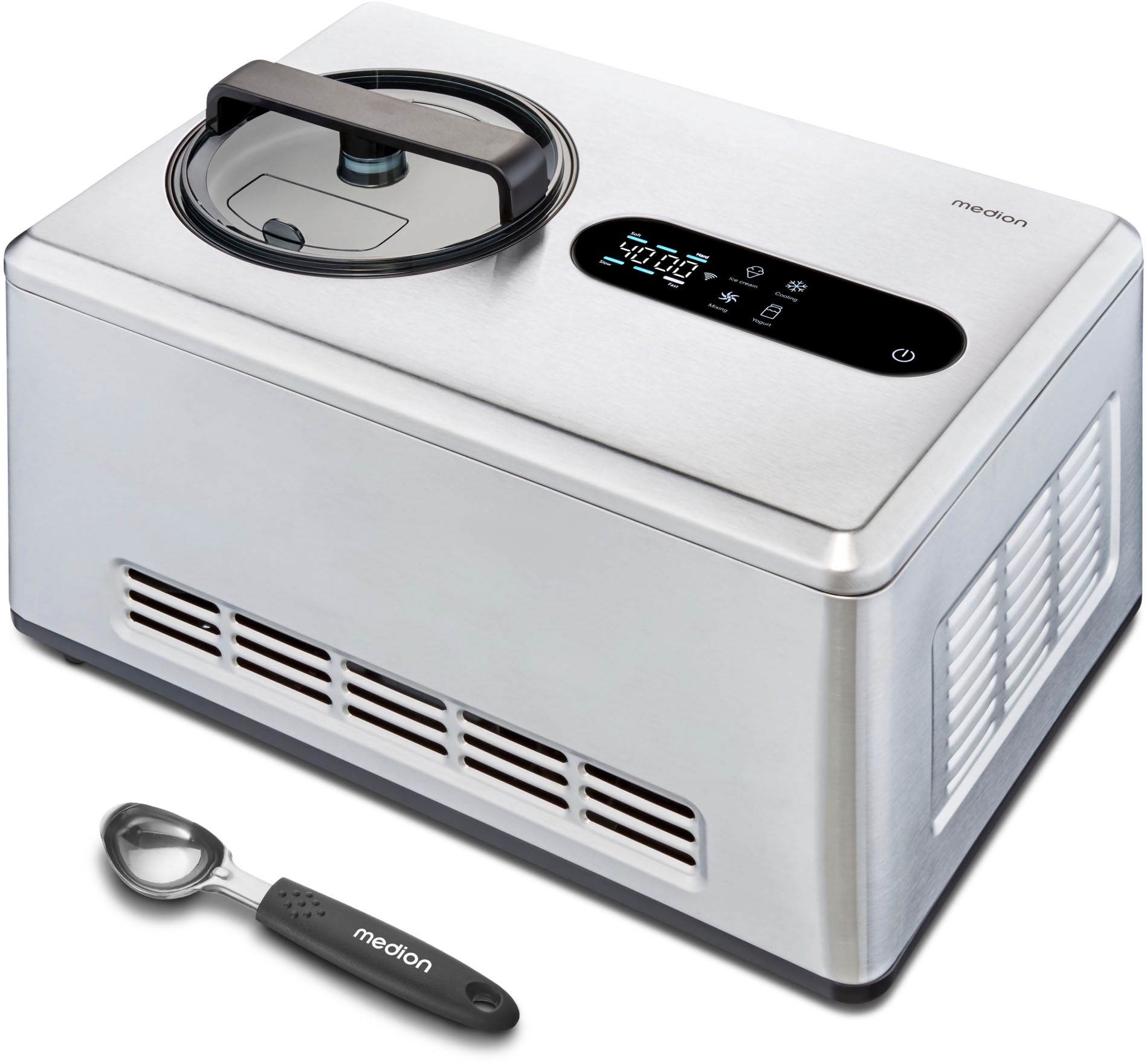 Medion® Eismaschine »MD 12170, 2 L Kapazität, integrierter Kompressor, Smartphonesteuerung«, 220 W, Herausnehmbarer Edelstahl-Eisbehälter, Sensor-Touch-LED-Display