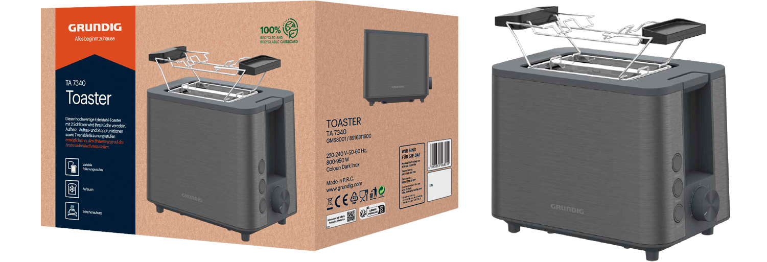 Grundig Toaster »TA 7340«, 2 kurze Schlitze, 950 W, inkl. Brötchenaufsatz