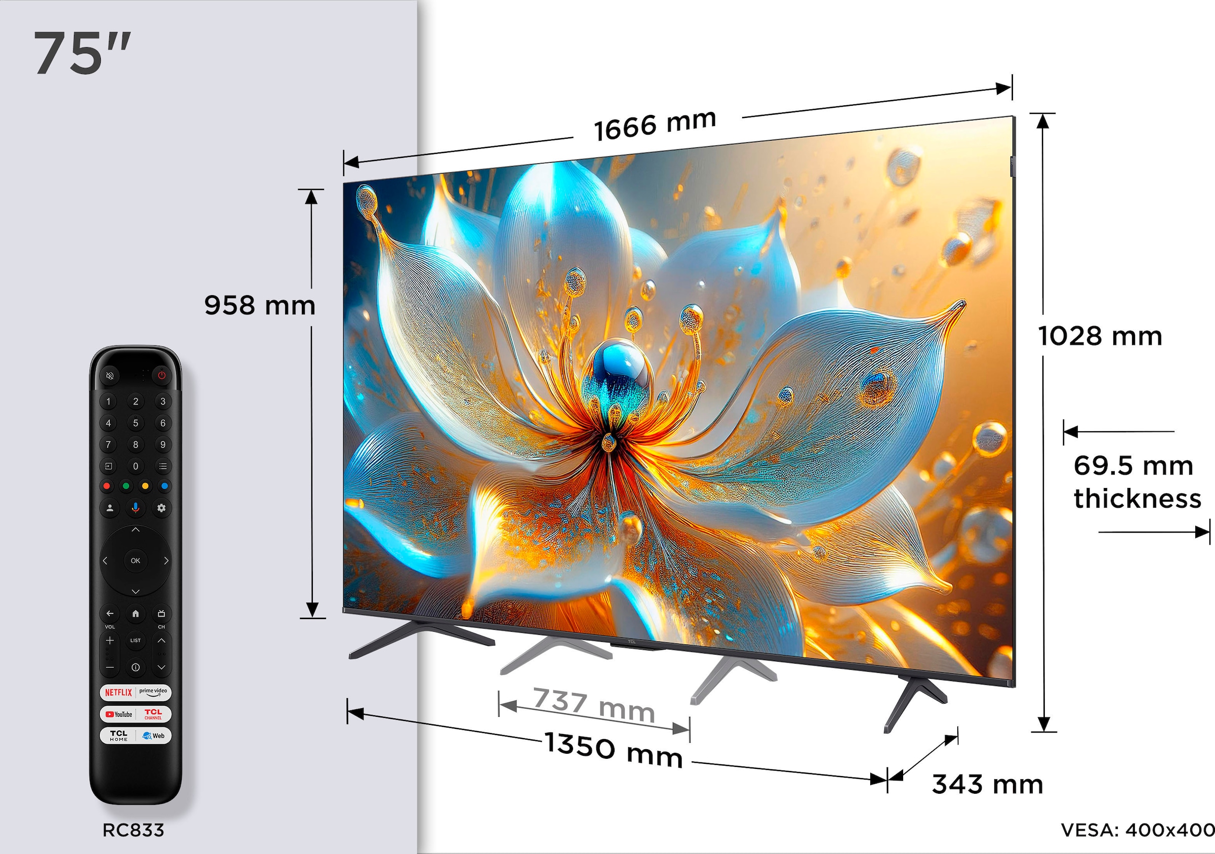 TCL QLED-Fernseher »75P81KX1«, 4K Ultra HD, Google TV-Smart-TV, 144Hz, Multi-HDR, Dolby Vision, Game Master, Smart TV, Apple TV, ONKYO