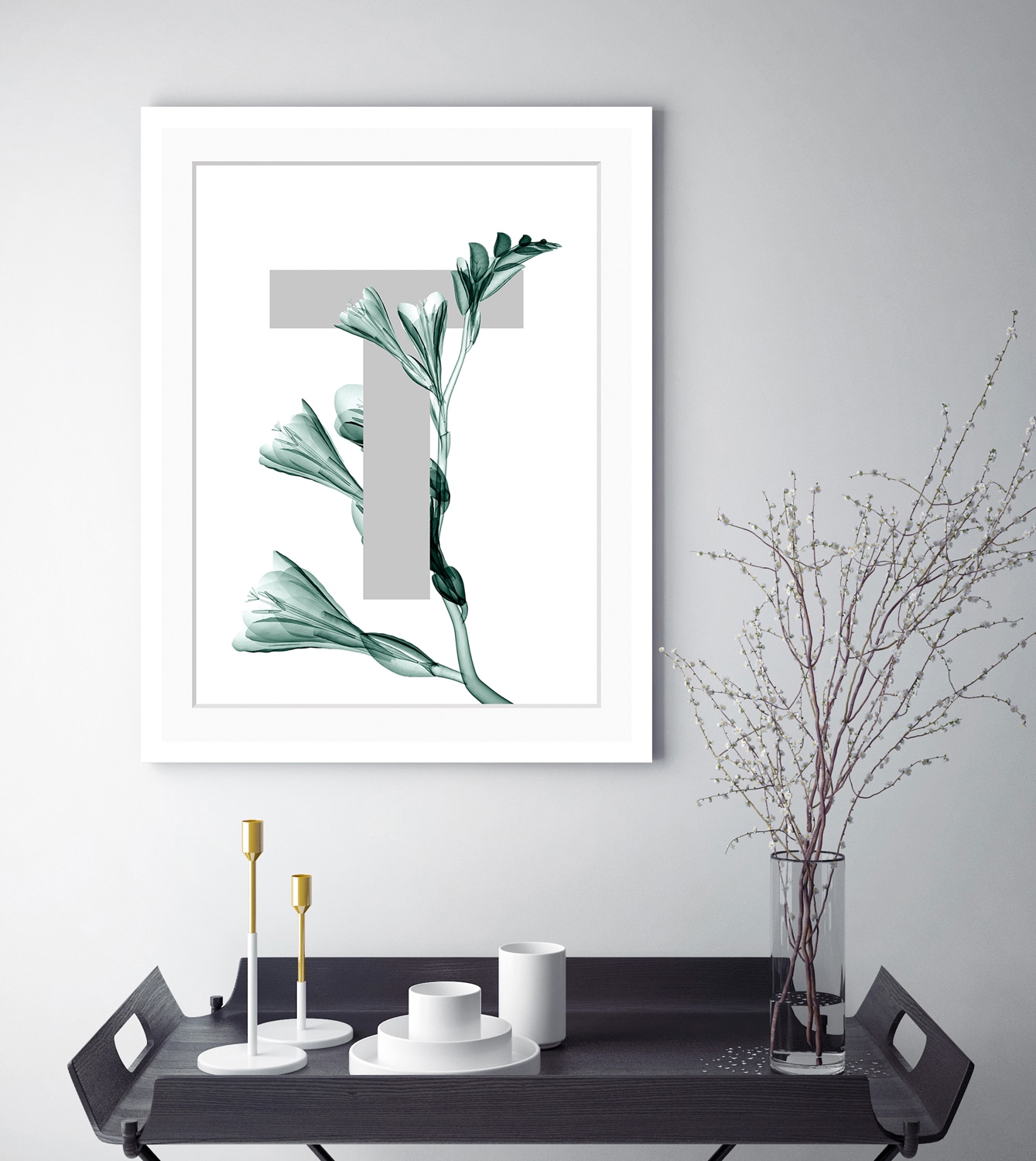 queence Bild »T-Flower«, Buchstaben, gerahmt, Blume, Blätter