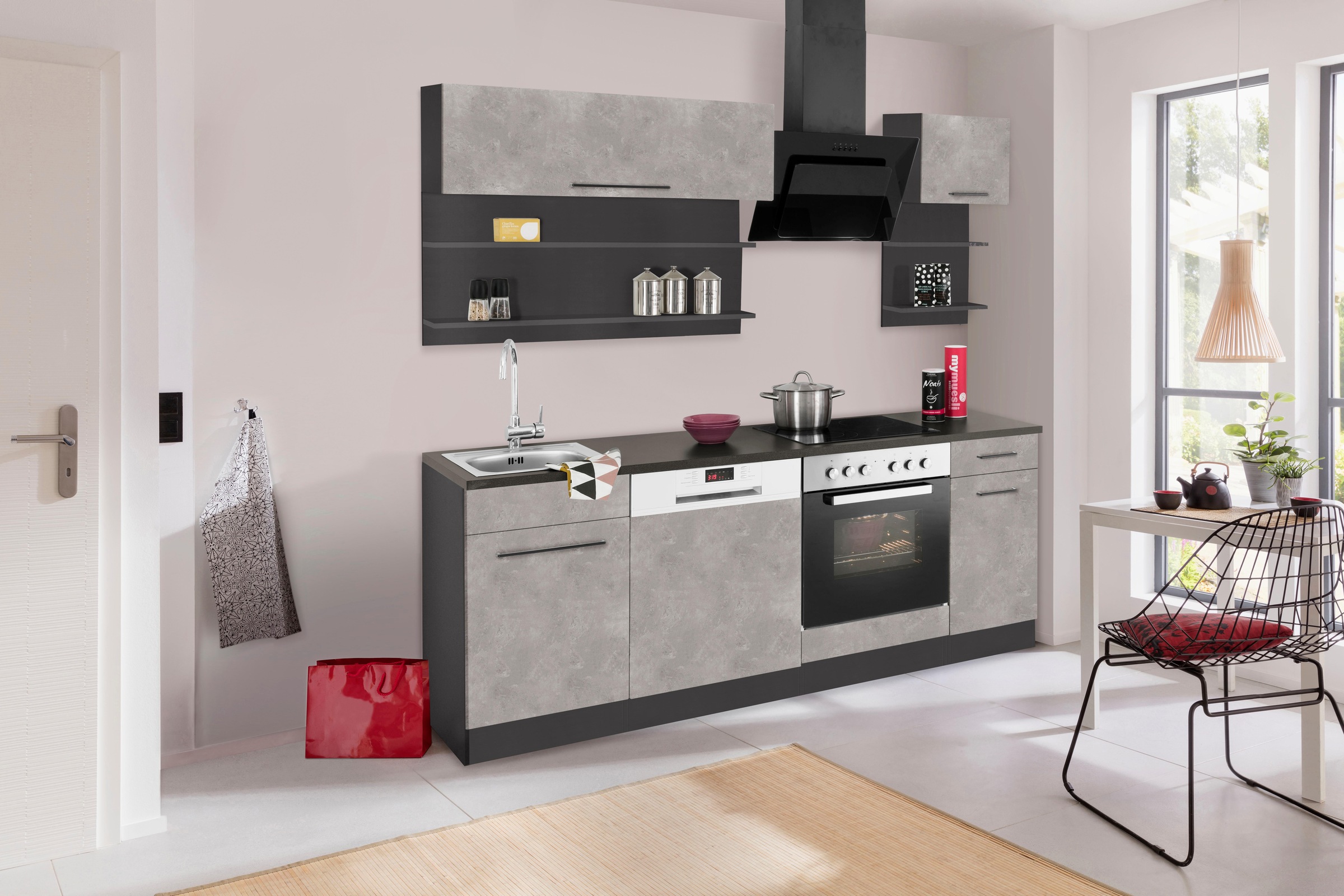 KOCHSTATION Küchenzeile »KS-Tulsa«, mit E-Geräten, Breite 210 cm, schwarze Metallgriffe, MDF Fronten