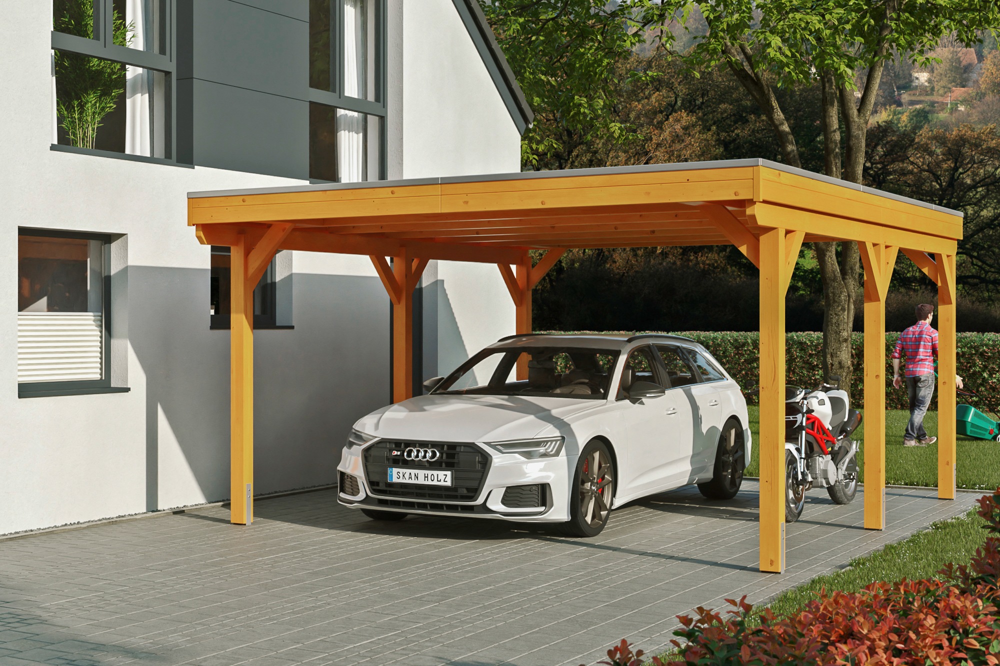 Skanholz Einzelcarport "Grunewald", Leimholz-Nordisches Fichtenholz, hellbraun, mit Aluminiumdach