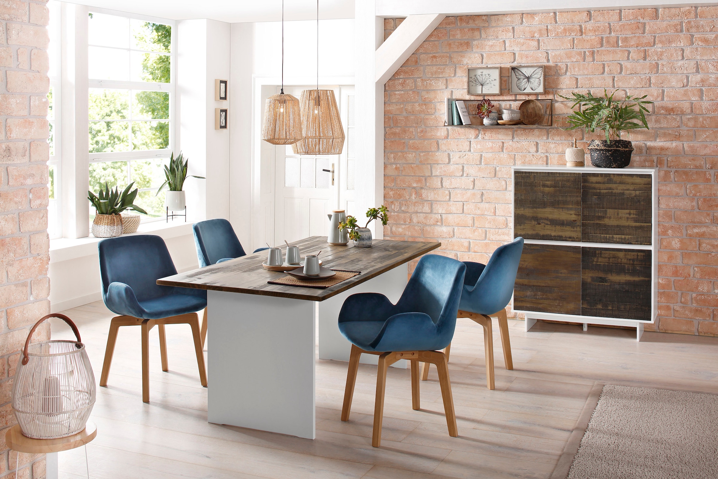 Home affaire Highboard »Morgan Midischrank Hochkommode«, aus massivem Kiefernholz, mit eingefrästen Griffmulden, Breite 120 cm