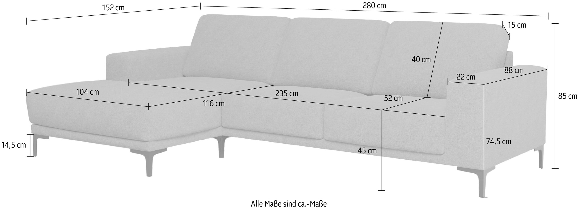 Places of Style Ecksofa »Xander, L-Form,«, Breite 280 cm, Soft-Touch Chenille, schwarze Metallfüßen