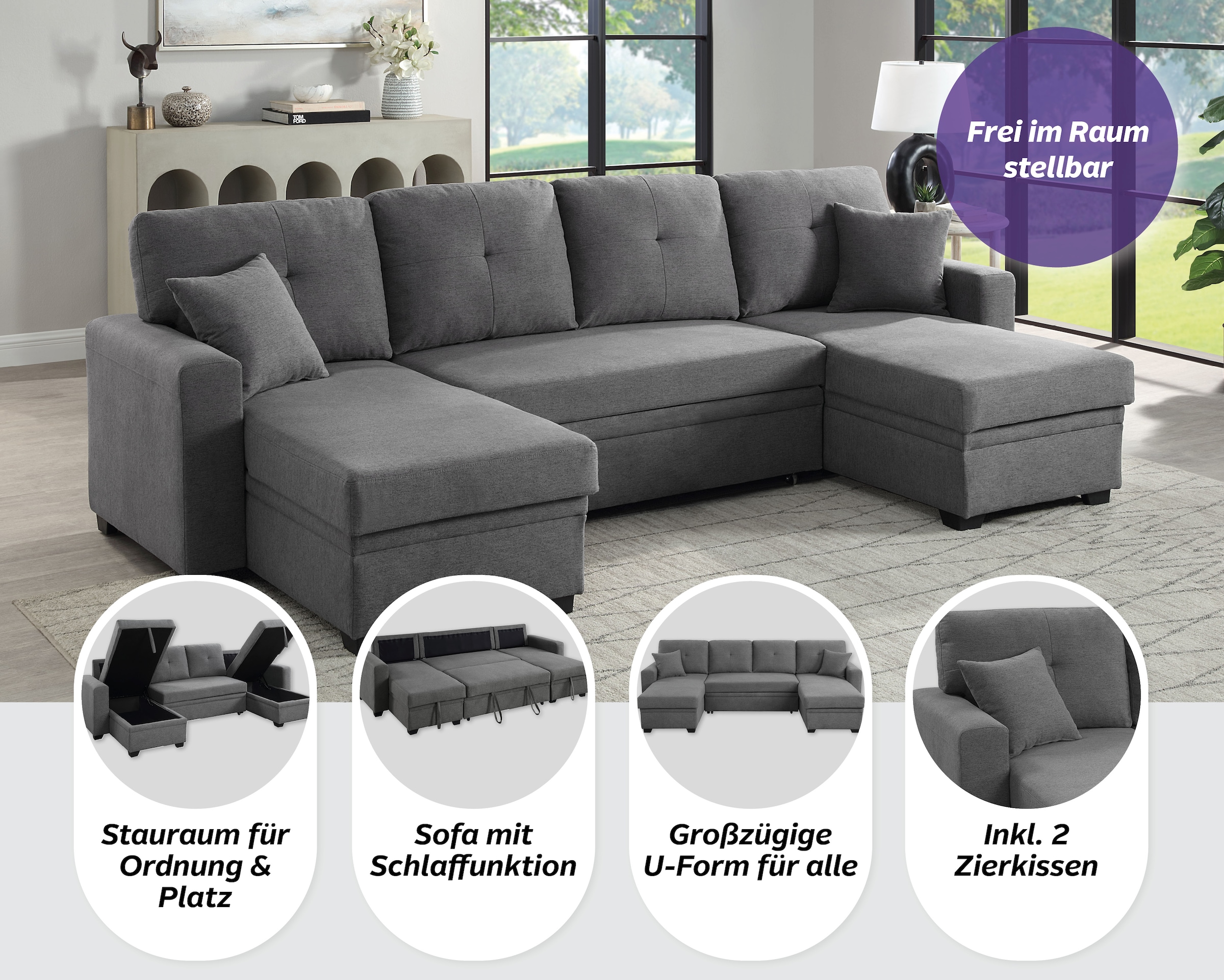 ATLANTIC home collection Wohnlandschaft »Gerrit U-Form, Br. 282 cm« mit Bettfunktion, 2 Bettkästen & 2 Zierkissen