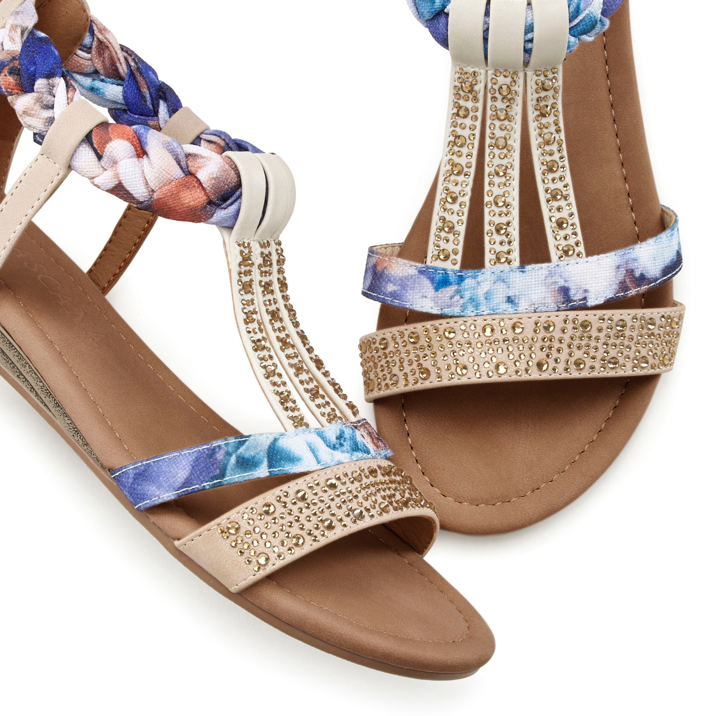 Sandale LASCANA "Sommerschuh, Sandalette, offener Schuh", Damen, Gr. 37, blau (beige, blau), Obermaterial: 50% Lederimitat, 50% Textilmaterial. Decksohle: 100% Lederimitat. Futter: 100% Lederimitat. Laufsohle: 100% Synthetik, bedruckt, Basic, Schuhe Sanda 3