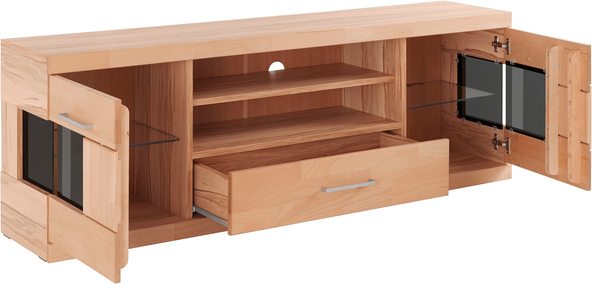 Home affaire Lowboard »Ribe,160cm breit, Fronten Massivholz,6 Fächer,Kabeldurchführung«, Korpus Holzwerkstoff,Glaseinsatz aus gehärtetem Glas,Böden versetzbar