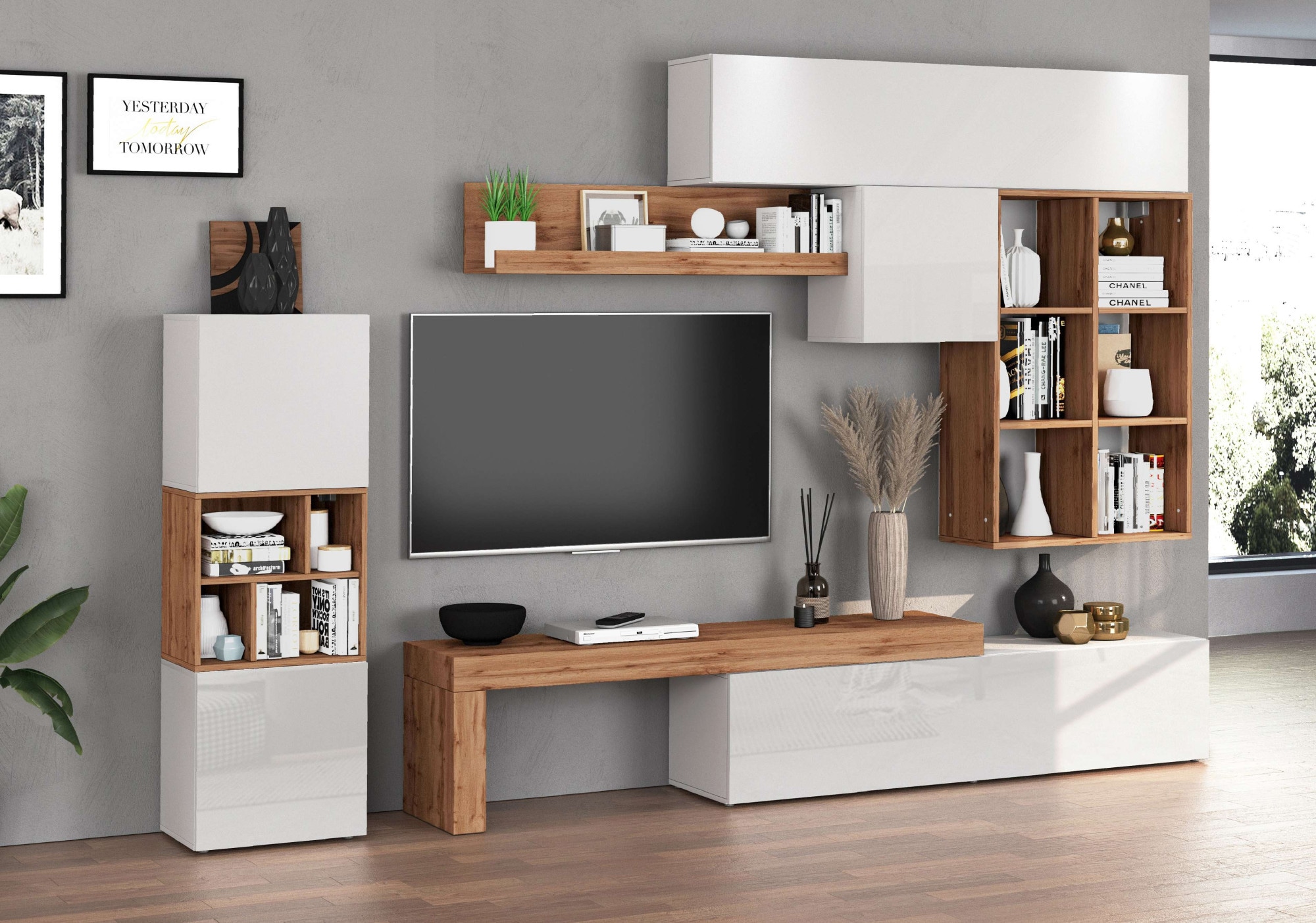 INOSIGN Wohnwand »Chronos Wohnwand, Medienwand, 8-er set«, (Set, 8 St.), ca. 320 cm mit Hängeschränke, Würfel, Regal, Lowboard, Made in Italy