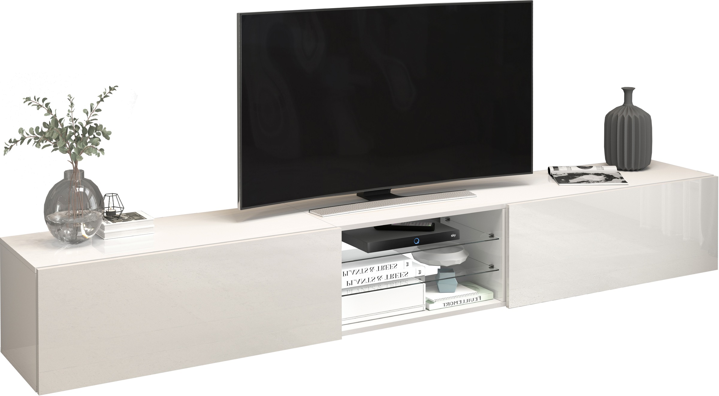 INOSIGN Lowboard »Egypt,Lowboard,TV-Kommode,TV-Möbel,TV-Bank«, mit 2 Klappen, 2 Glasböden,kompl. Hochgl. lackiert (B/T/H)240x38x35 cm