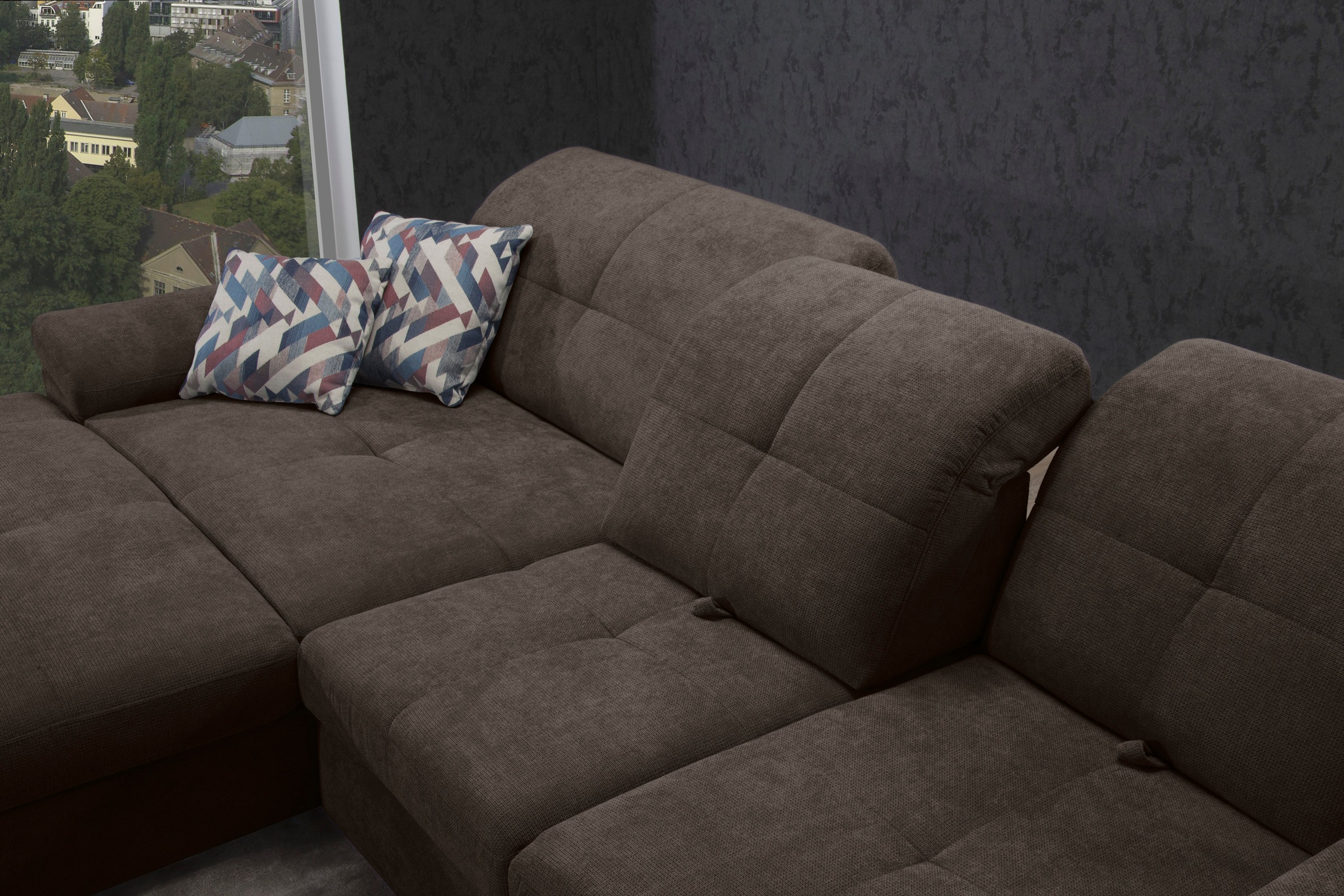 Ecksofa ALINA "Nadira", braun (dunkelbraun xbo 4), B:271cm H:91cm T:199cm, Struktur fein XBO (90% Polyester, 10% Polyamide);Chenille GCP (100% Polyester), Sofas, Ecksofa, wahlweise mit Bettfunktion und Stauraum 7