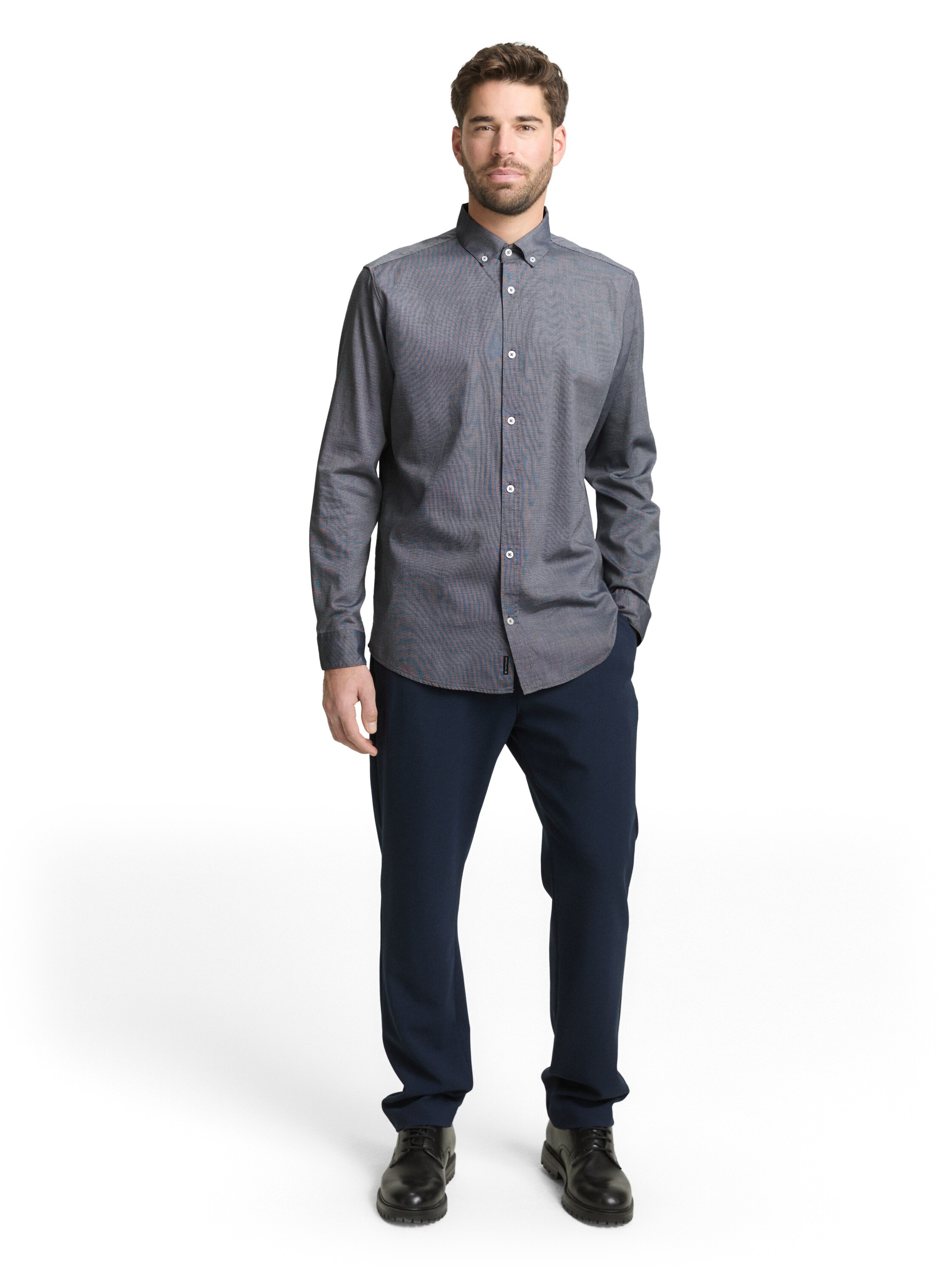 Langarmhemd TOM TAILOR, Herren, Gr. M, N-Gr, navy structure, Web, Obermaterial: 50% Baumwolle, 50% Lyocell, unifarben, regular fit normal, ohne Ausschnitt, Manschette, Hemden, mit Manschetten 3