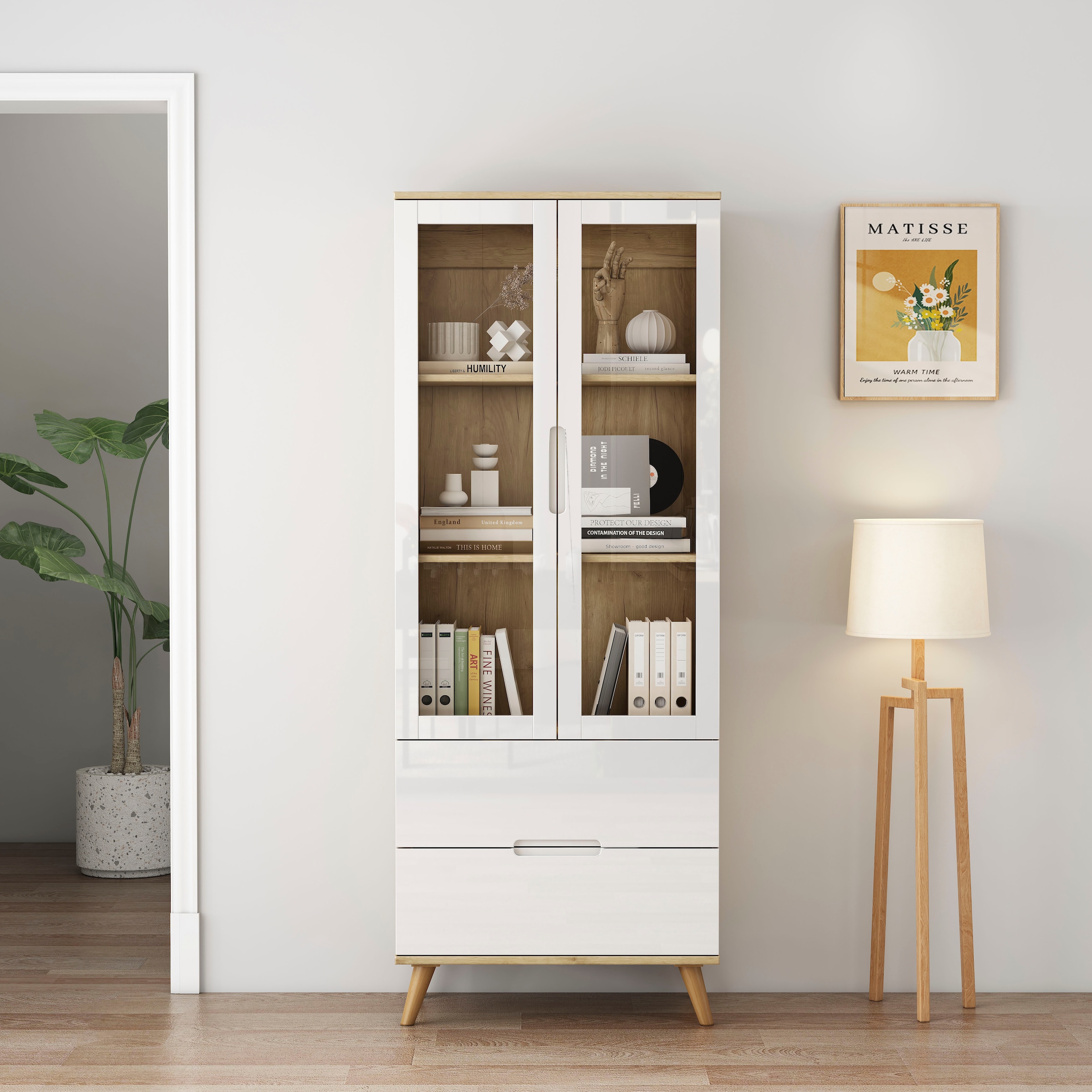 OTTO home Highboard »Lund« mit glänzenden Fronten, Glastüren, helles Holzdekor, Breite 70 cm