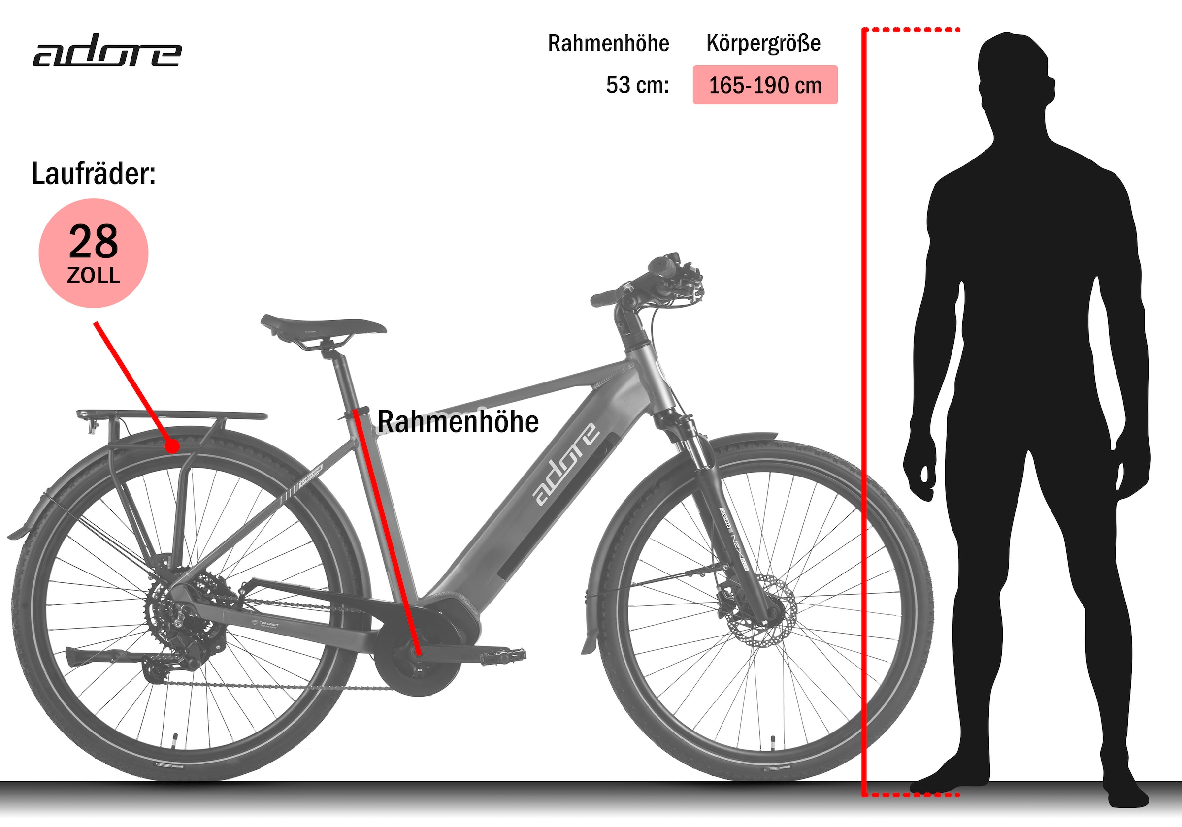 Adore »28" Alu Trekking E-Bike ATX-670 Mittelmotor 60NM / 15Ah Grün matt« 9 Gang Shimano Cues Schaltwerk Kettenschaltung Mittelmotor 250 W Pedelec, Elektrofahrrad für Herren