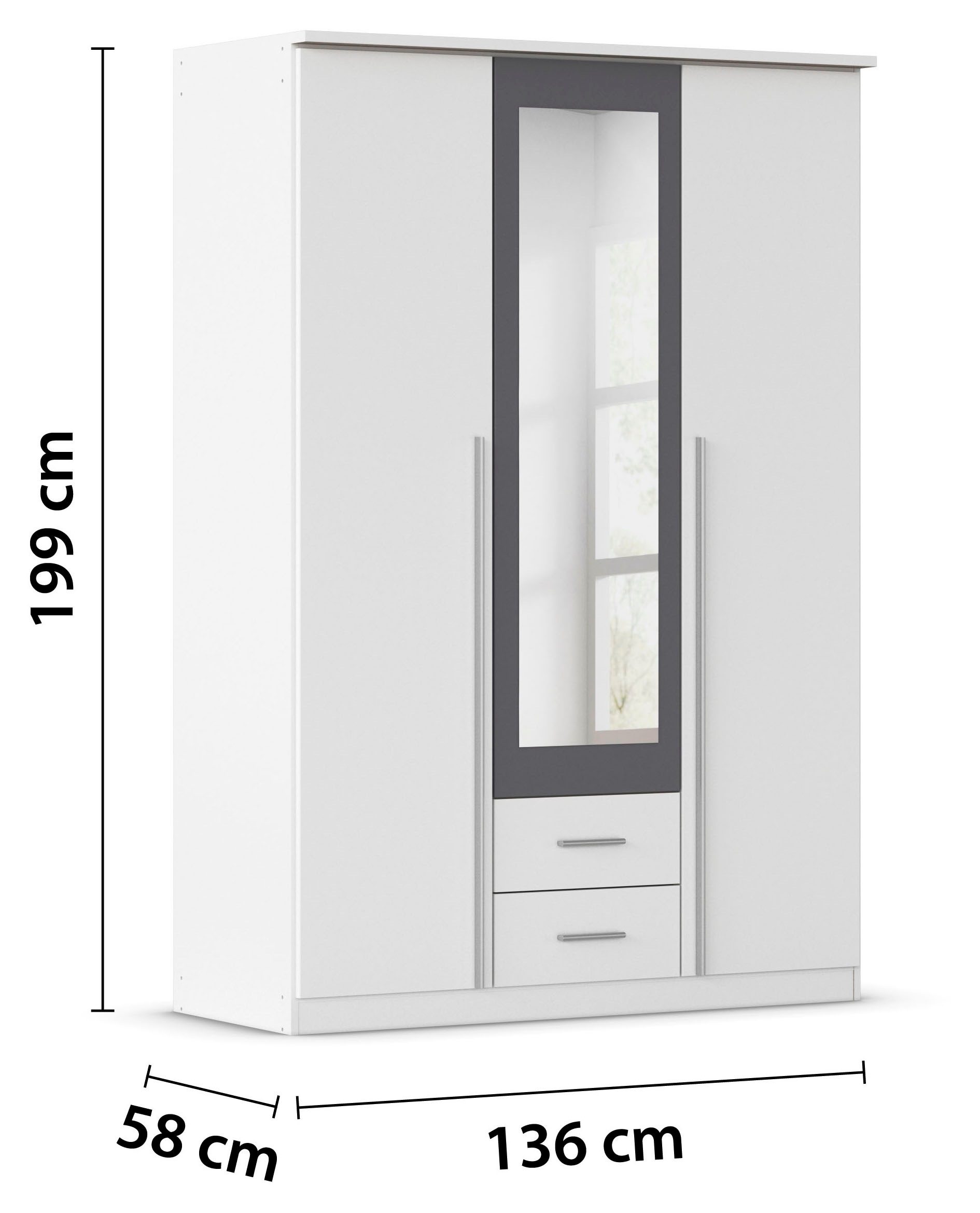 rauch Kleiderschrank »Kleiderschrank Schrank Garderobe Wäscheschrank Ankleide KREFELD« Breiten: 136/181 cm, Höhe: 199 cm,  farblich abgesetzte Spiegelumrandung, Griffstangen MADE IN GERMANY