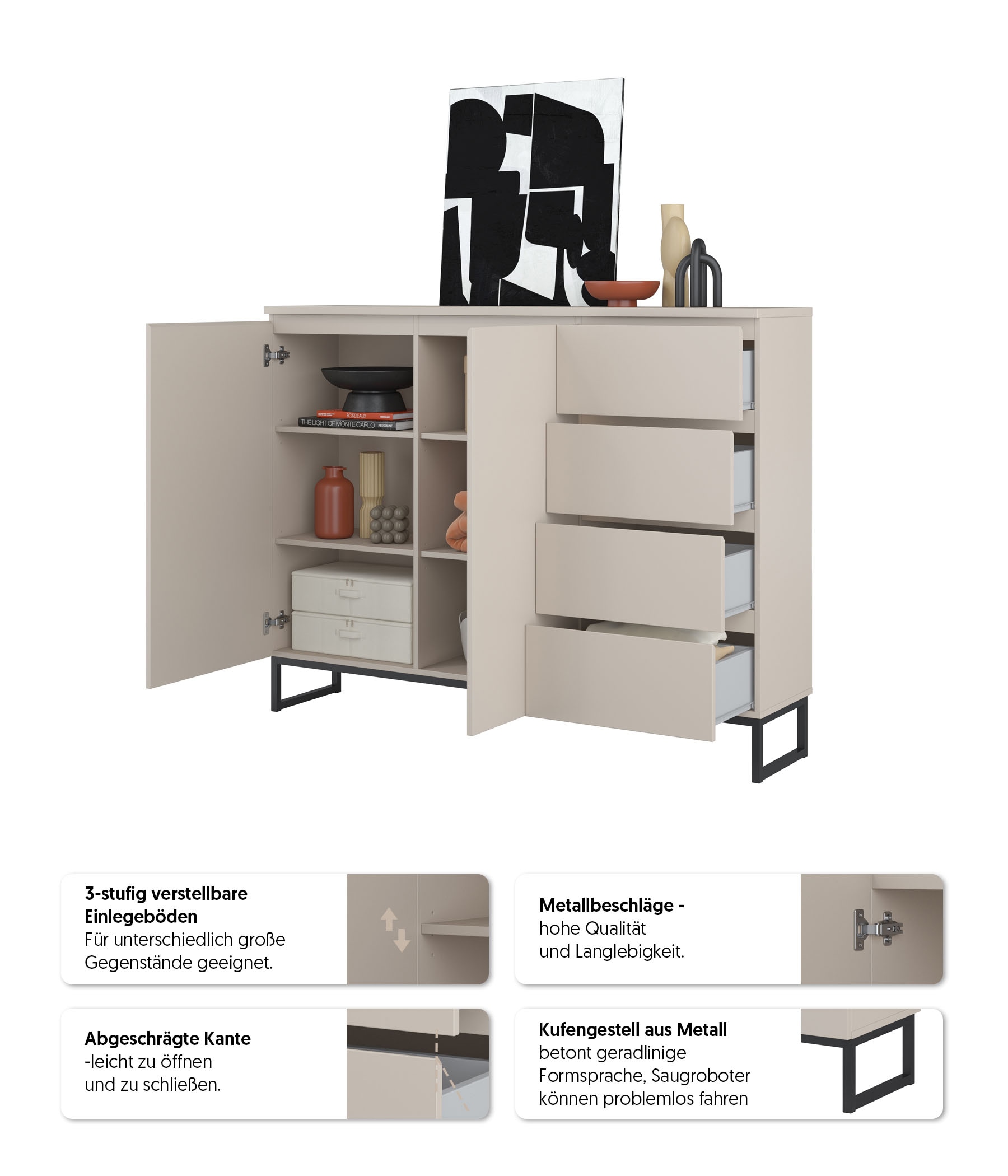 OTTO home Sideboard »Modo II, Breite 150 cm, moderne grifflose Kommode 2Türen/4 SK« Schubladenschrank viel Stauraum, Einlegeböden verstellbar, Metallkufen