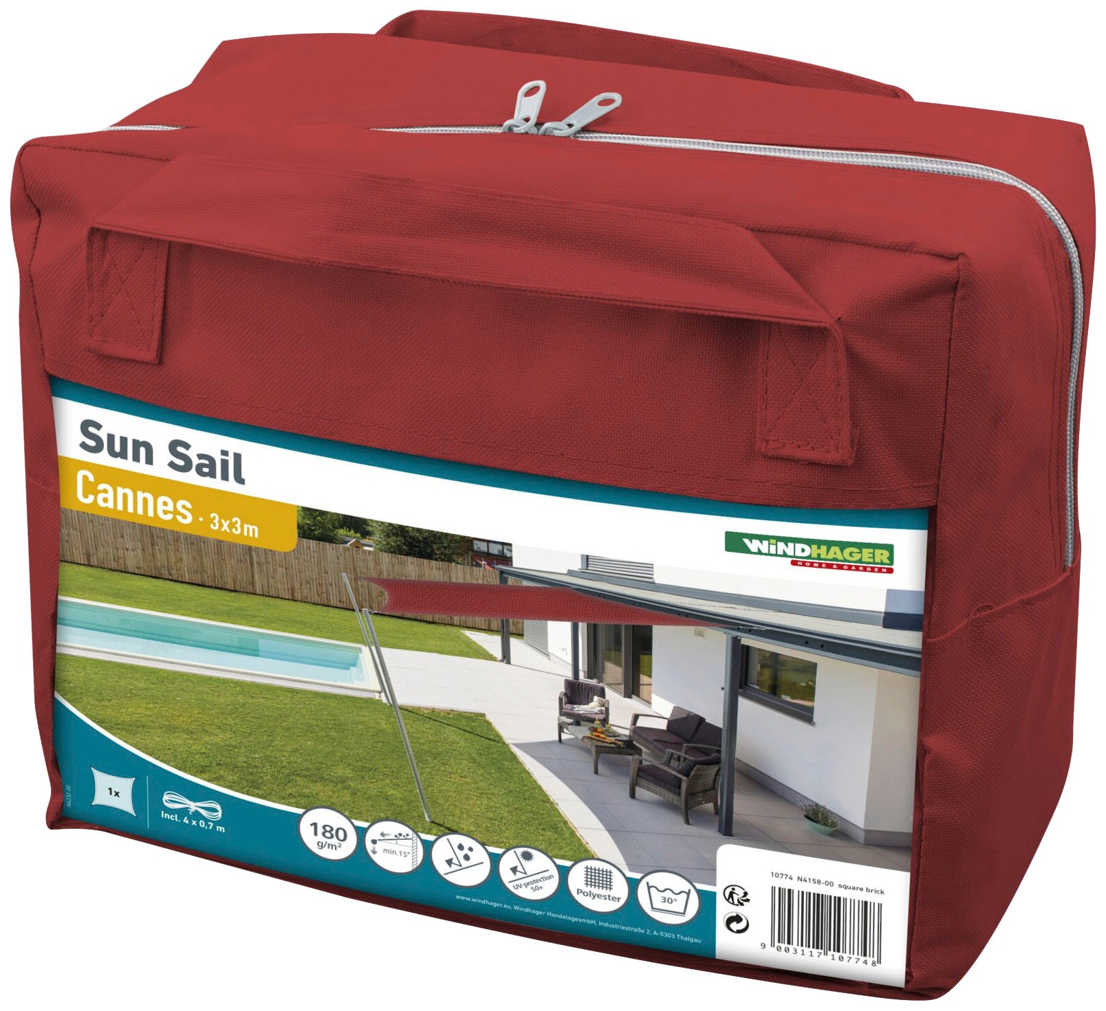 Sonnensegel WINDHAGER "Capri Quadrat", rot, B:300cm T:300cm, Polyester, Sonnensegel, 3x3m, rot 3