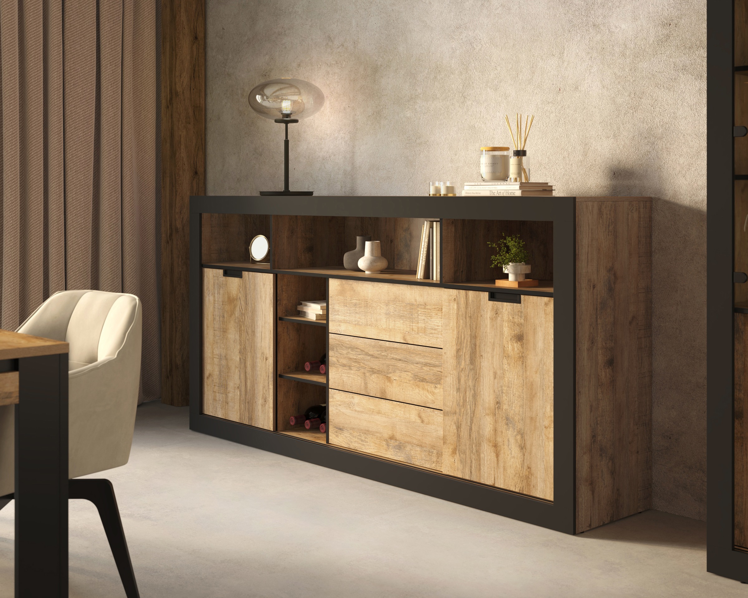 INOSIGN Highboard »Tudor, Breite 220 cm Aufbewahrungsschrank 2 Schiebetüren/3 Schubkästen«, Hochschrank, Kommode Landhausstil viel Stauraum, Böden verstellbar