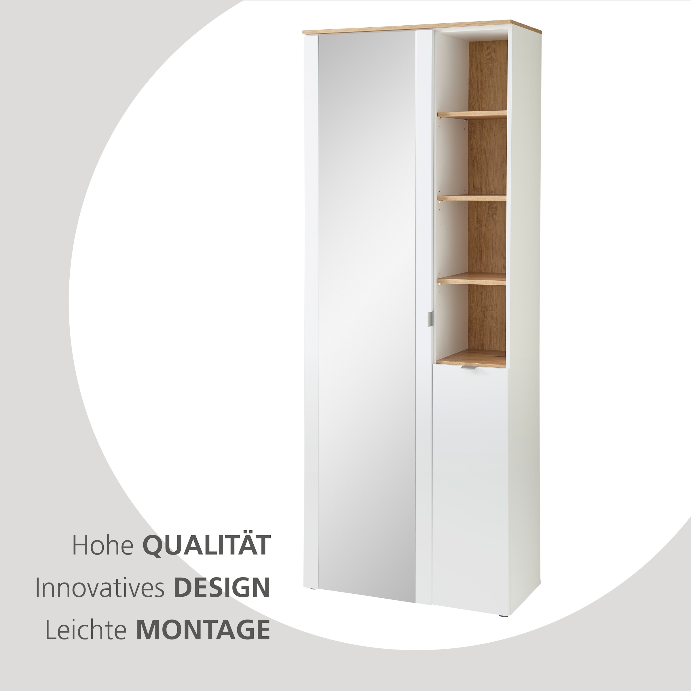 Innostyle Garderobenschrank »BARI Garderobenschrank mit Spiegel, BxHxT 78x202x38 cm«, (1 St.), 2 türig, 10 Fächer, Softclose, ABS Kantenschutz, Kleiderstange