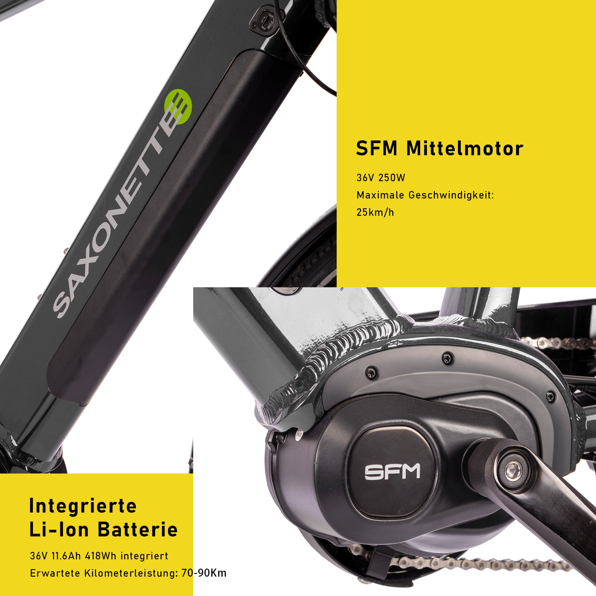 SAXONETTE »E-Bike Trekkingrad Deluxe Sport TRAPEZ« 9 Gang Shimano Alivio Schaltwerk Kettenschaltung Mittelmotor 250 W Packung,  (mit integr. Akku), Elektrofahrrad für Alltag und Einkauf