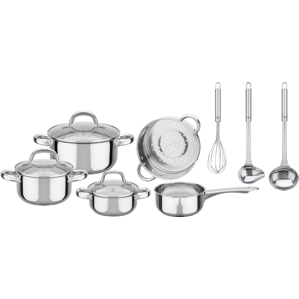 GSW Topf-Set »Montreal«, Edelstahl, (Set, 11 tlg., je 1 Kochtopf 14/16/20 cm, 1 Stieltopf 14 cm), Kaltmetall-Griffe, Glasdeckel, inkl. Kochutensilien, Induktion