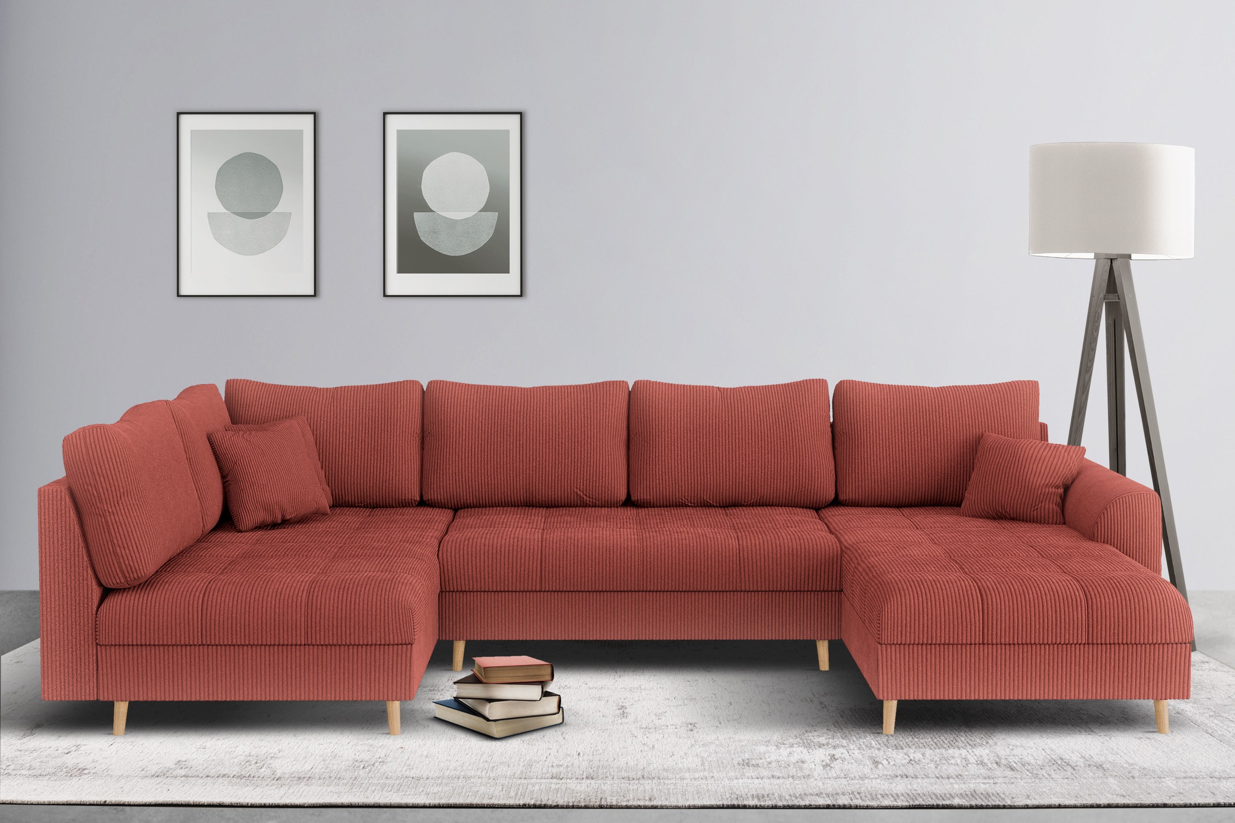 Home affaire Wohnlandschaft »CHARRE U-Form mit Ottomane, Maße B/T/H: 310/161/81 cm«, feine Steppung, lose Rücken- und Zierkissen, auch in Cord und Bouclé