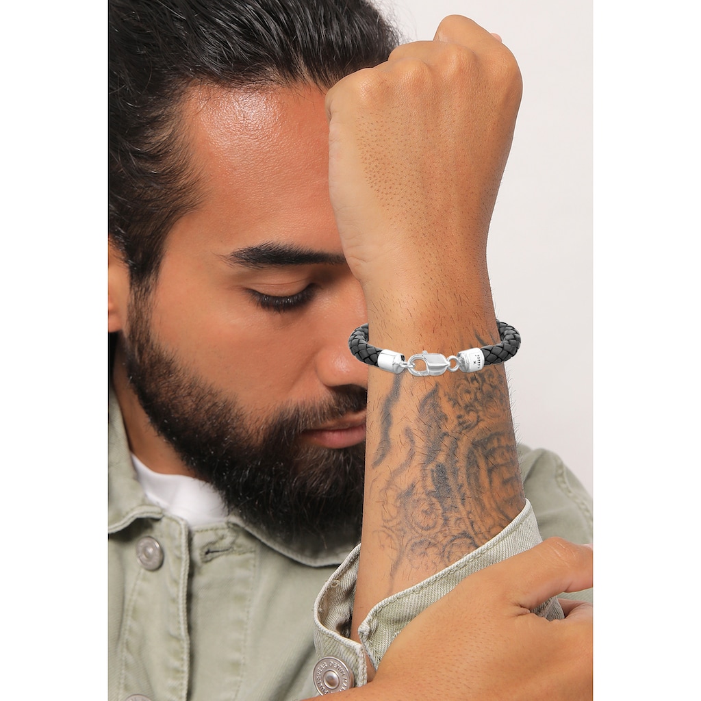 Kuzzoi Armband »Herren Echtleder Geflochten Karabiner 925 Silber«