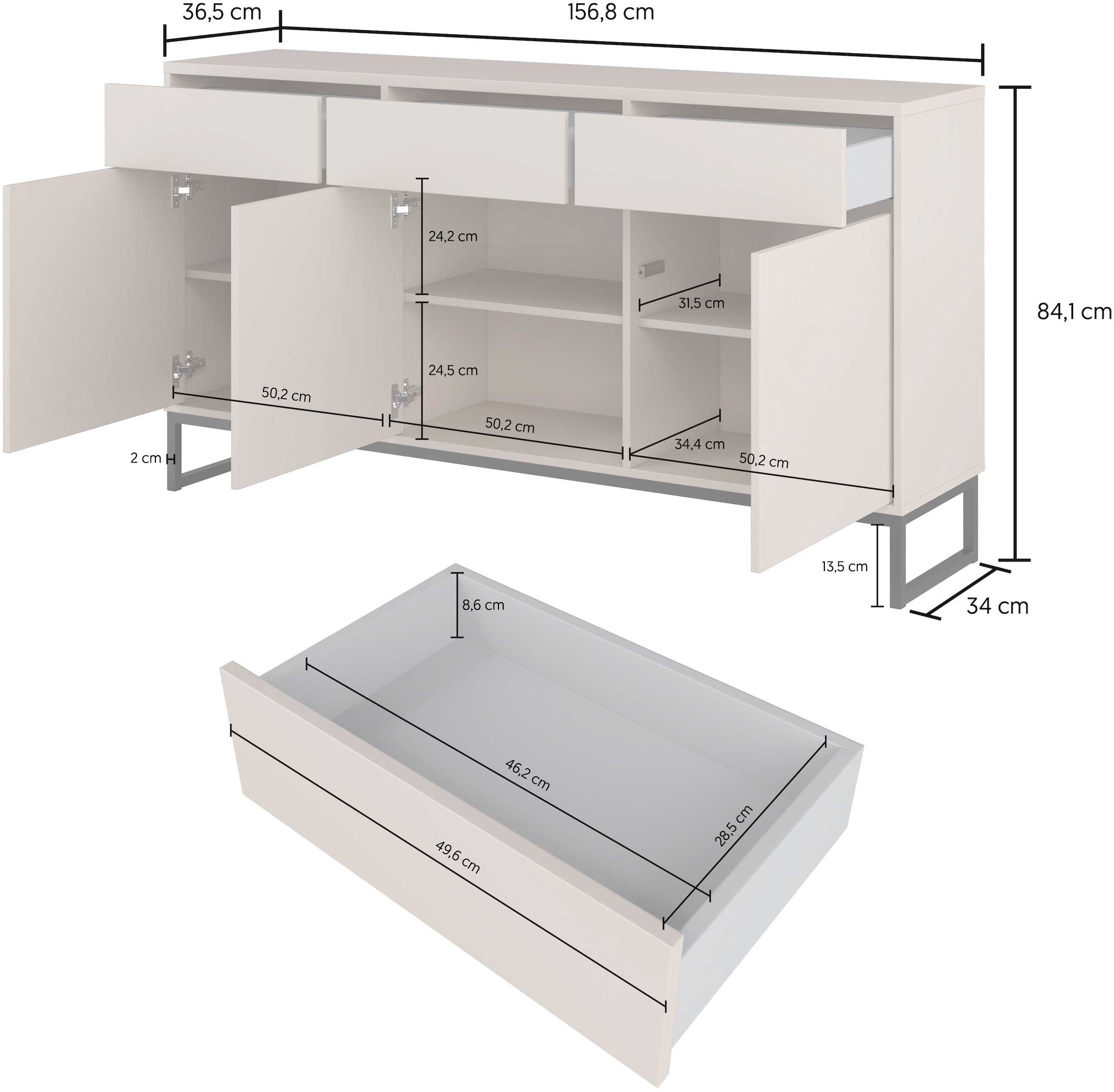 Home affaire Sideboard »Alto, Breite 157 cm, grifflose Kommode 3 Türen/3 Schubkästen.« Schubladenschrank mit viel Stauraum, Einlegeböden verstellbar