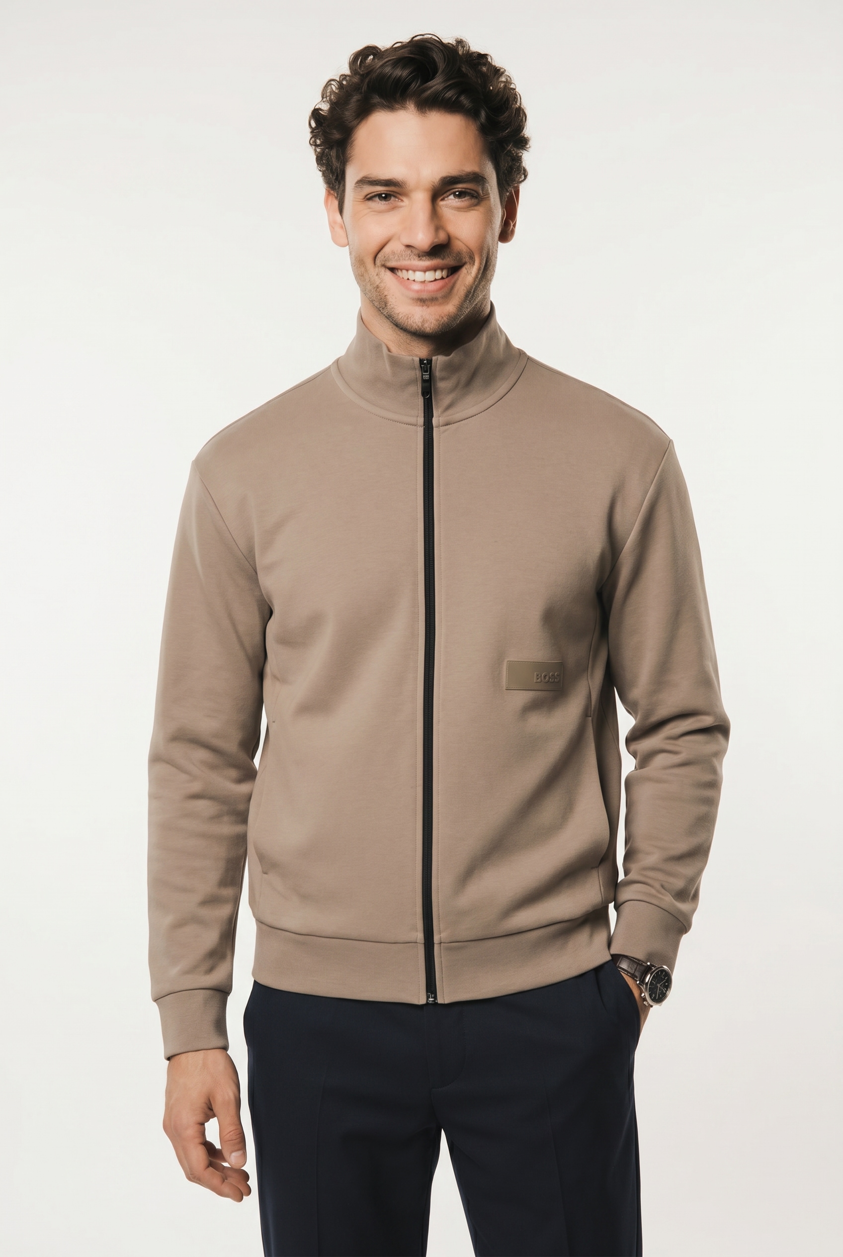 BOSS GREEN Sweatjacke Stehkragen, Relaxed Fit, Rippbündchen
