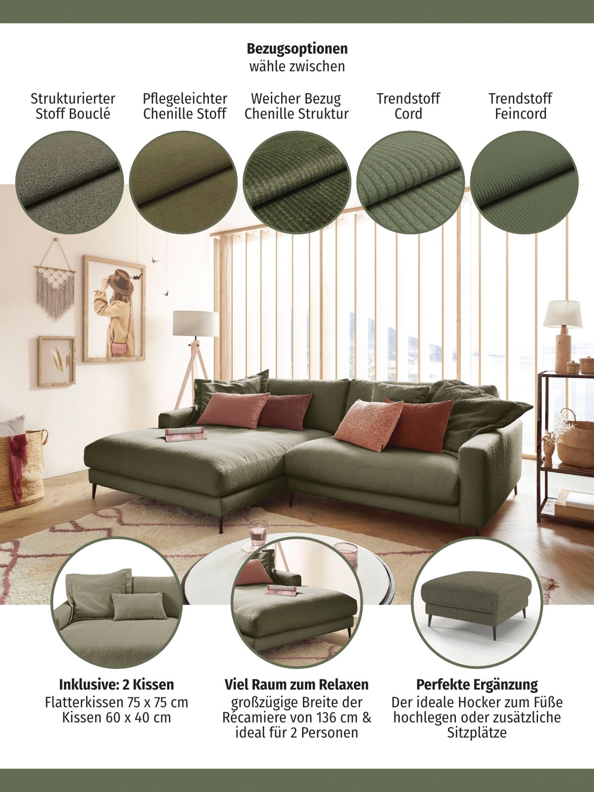 INOSIGN Ecksofa »Downtown, B/T/H: 272/190/84 cm L-Form«, weicher Sitzkomfort auch in Cord und Bouclé, incl. Zierkissen